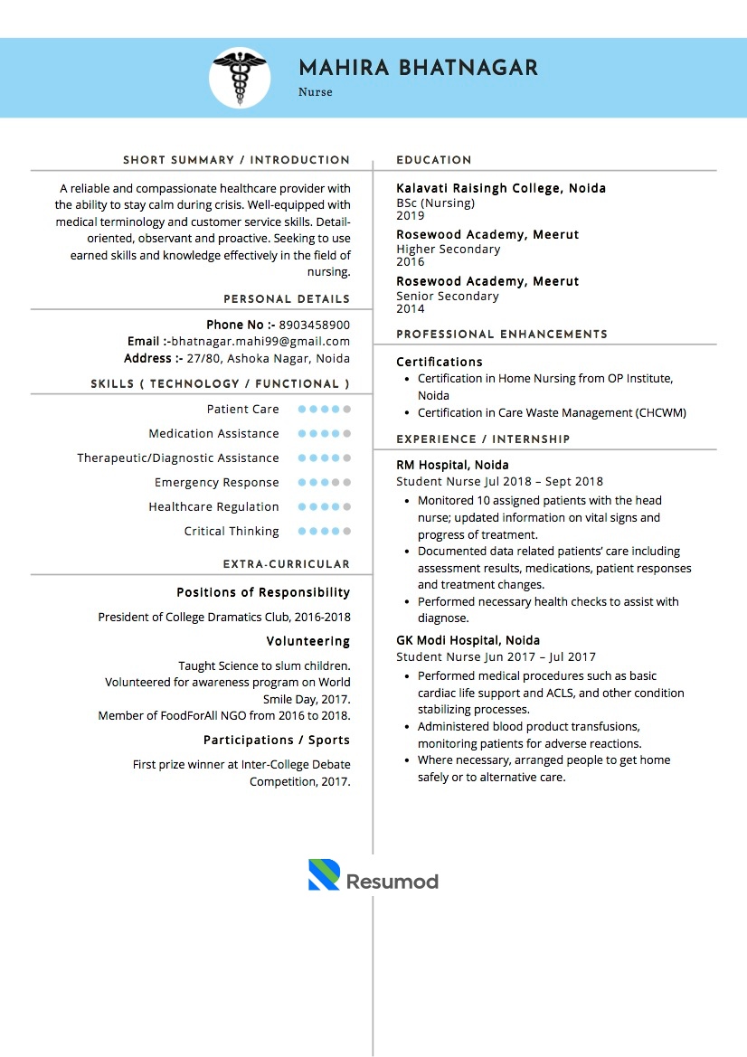 Sample Resume of Nurse | Free Resume Templates & Samples on Resumod.co