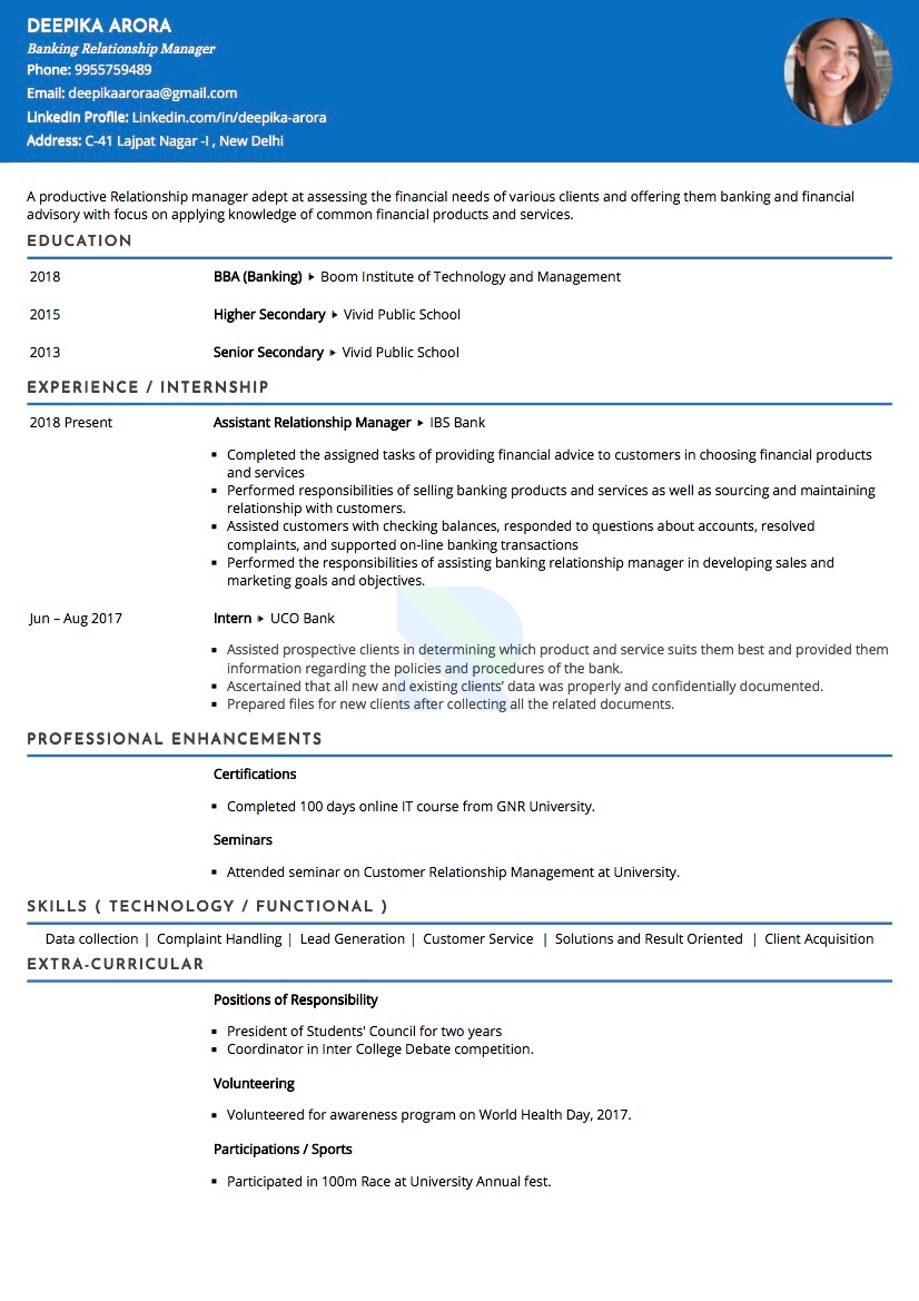 Resume of Banking Relationship Manager