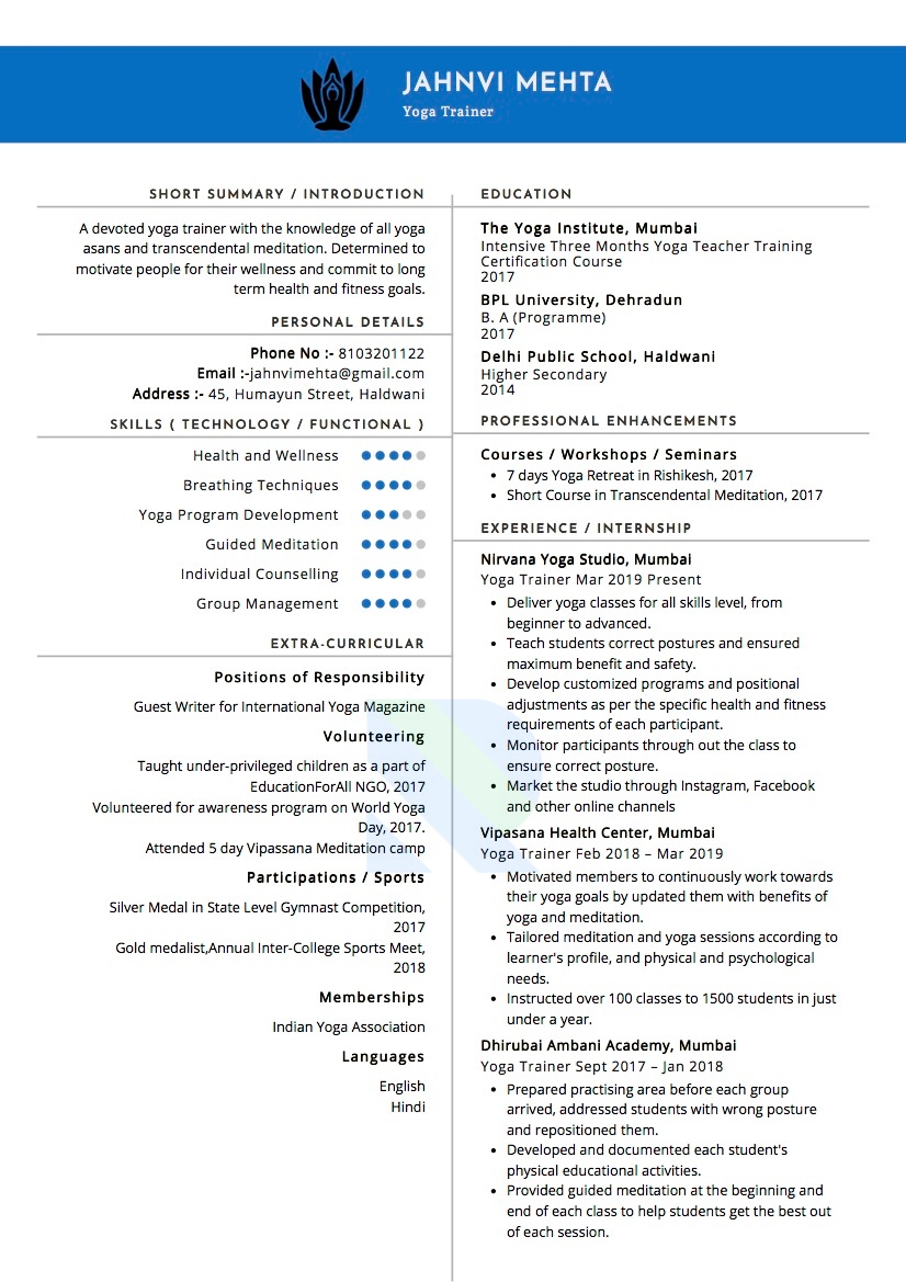 Sample Resume of Yoga Trainer | Free Resume Templates & Samples on Resumod.co