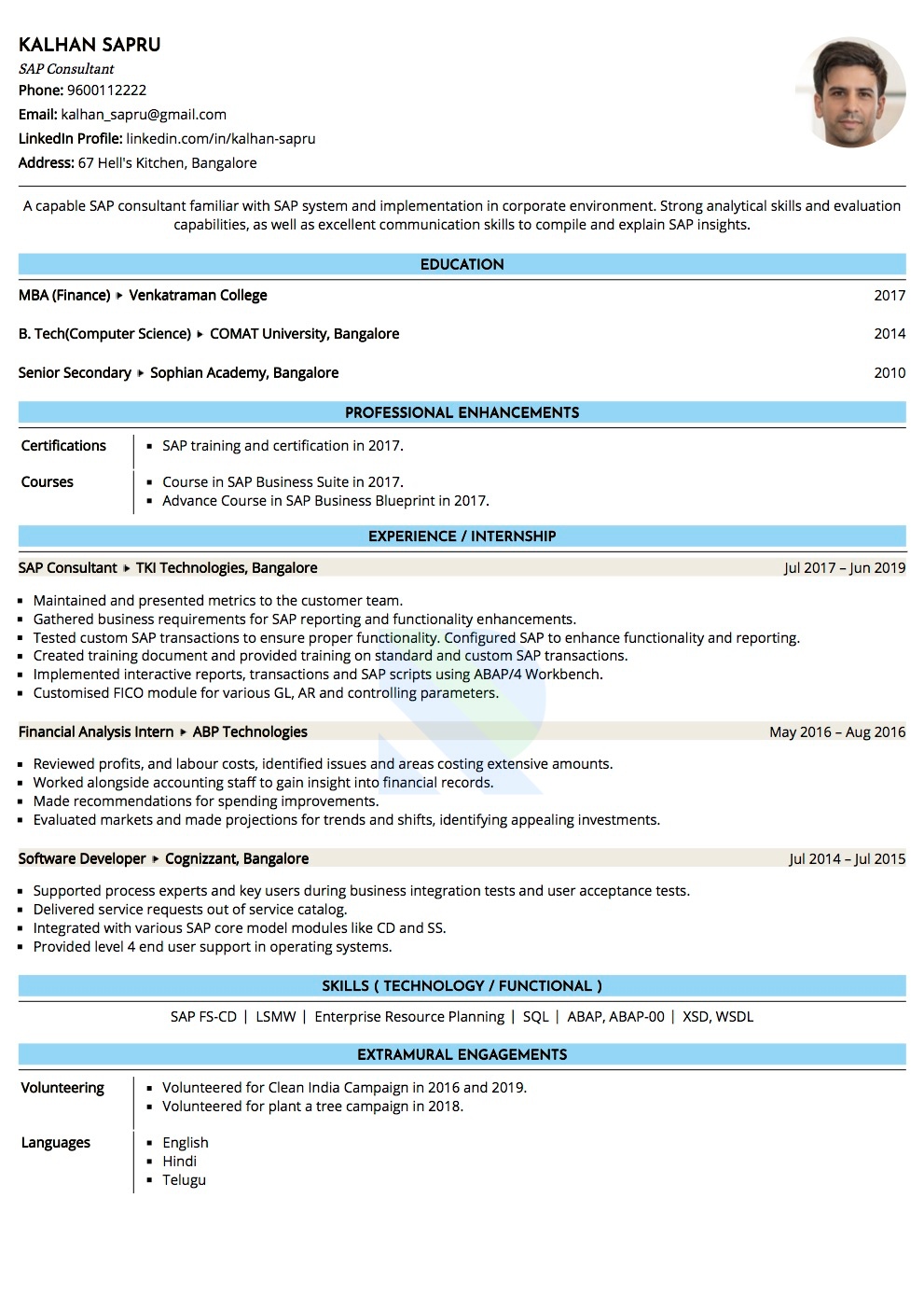 Sample Resume of SAP Consultant  | Free Resume Templates & Samples on Resumod.co