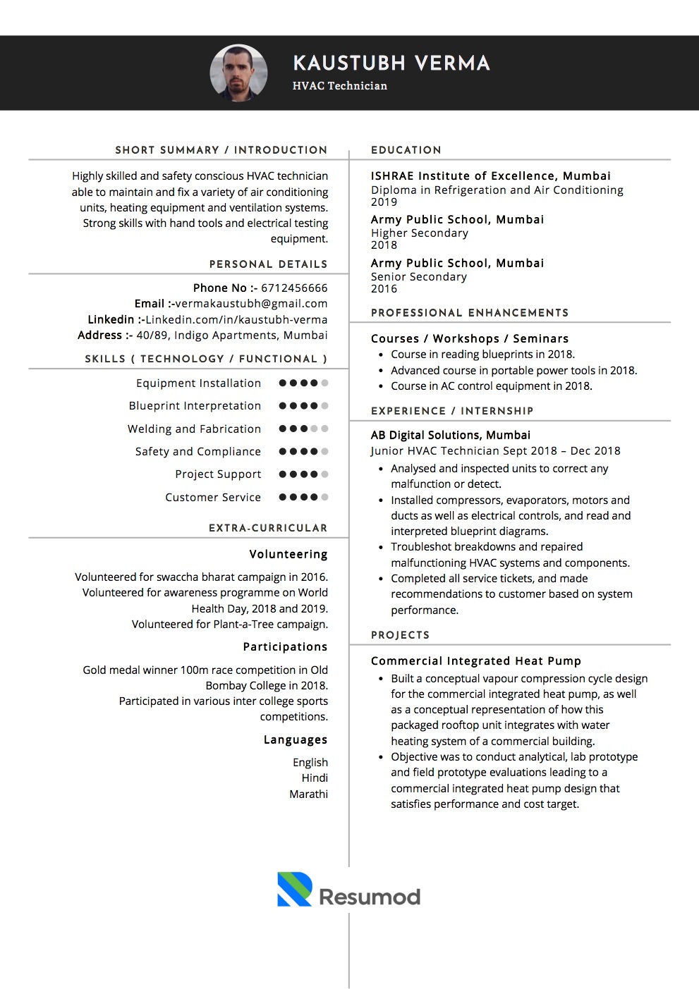 Sample Resume of HVAC Technician | Free Resume Templates & Samples on Resumod.co