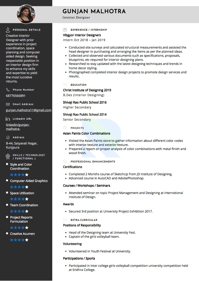 Sample Resume of Interior Designer | Free Resume Templates & Samples on Resumod.co