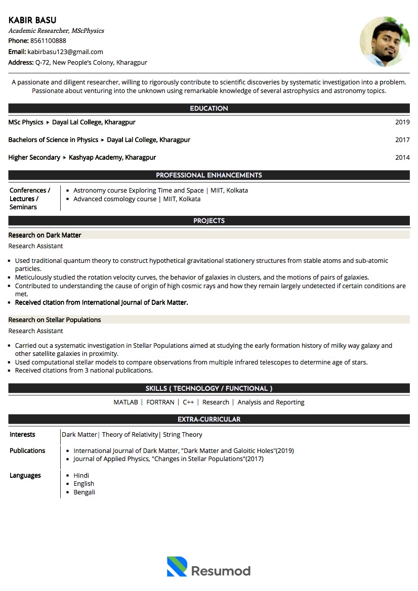 Sample Resume of Academic Researcher (Physics) | Free Resume Templates & Samples on Resumod.co