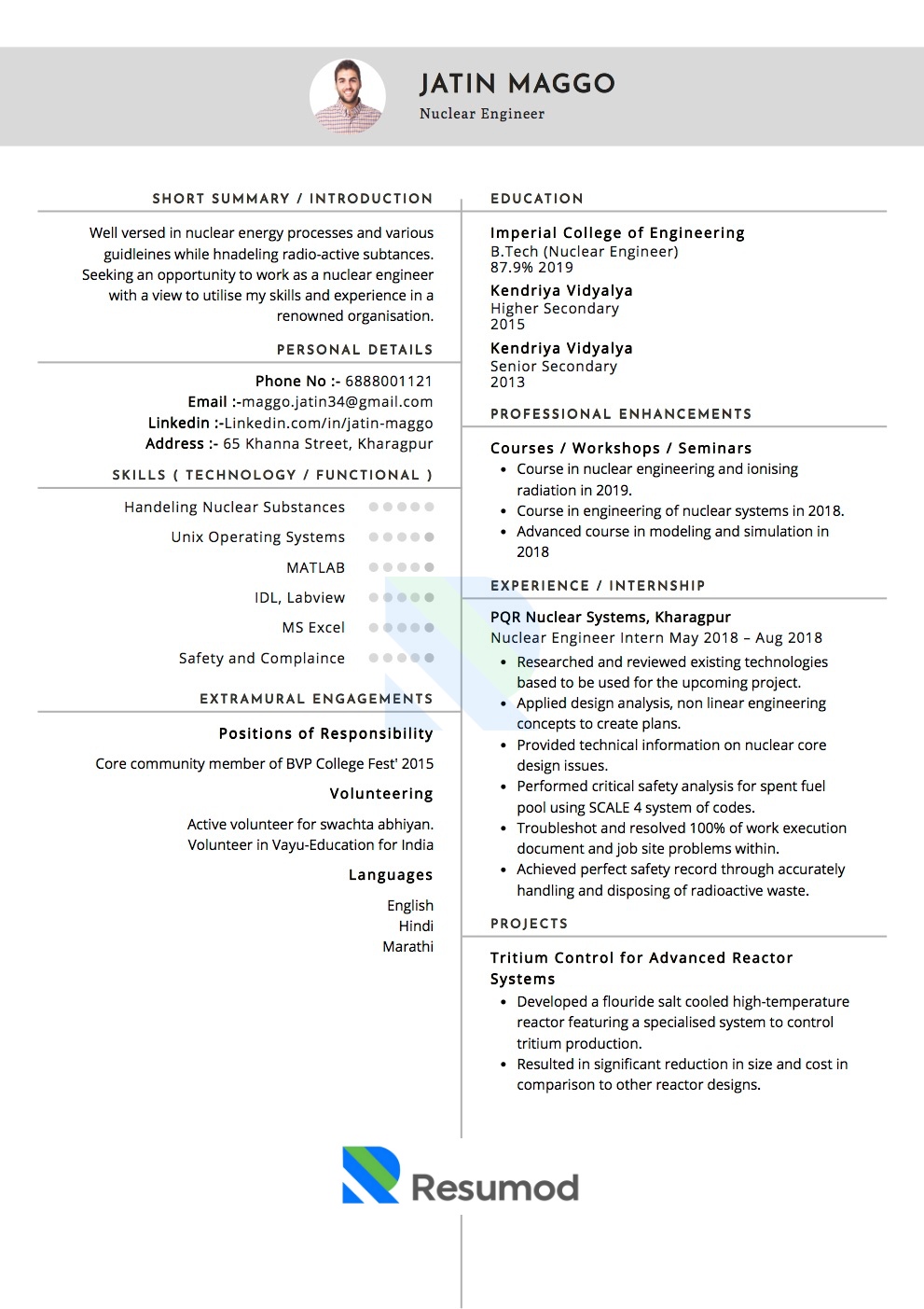 Sample Resume of Nuclear Engineer | Free Resume Templates & Samples on Resumod.co