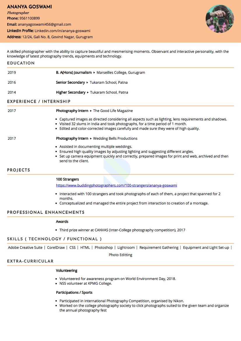 Sample Resume of Photographer | Free Resume Templates & Samples on Resumod.co
