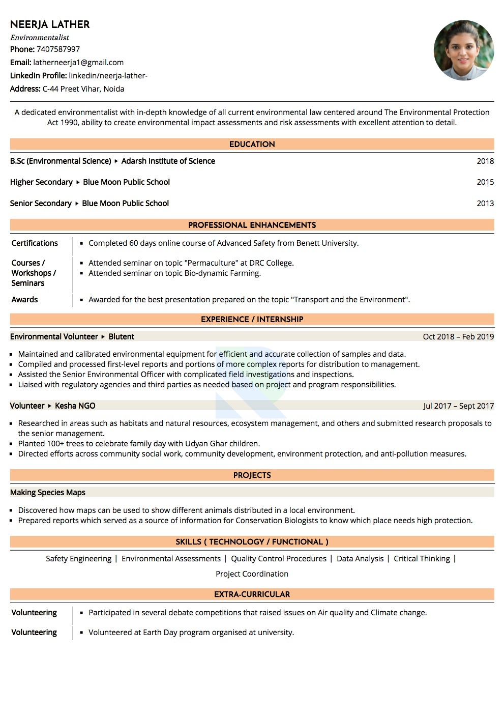 Sample Resume of Enviornmentalist  | Free Resume Templates & Samples on Resumod.co