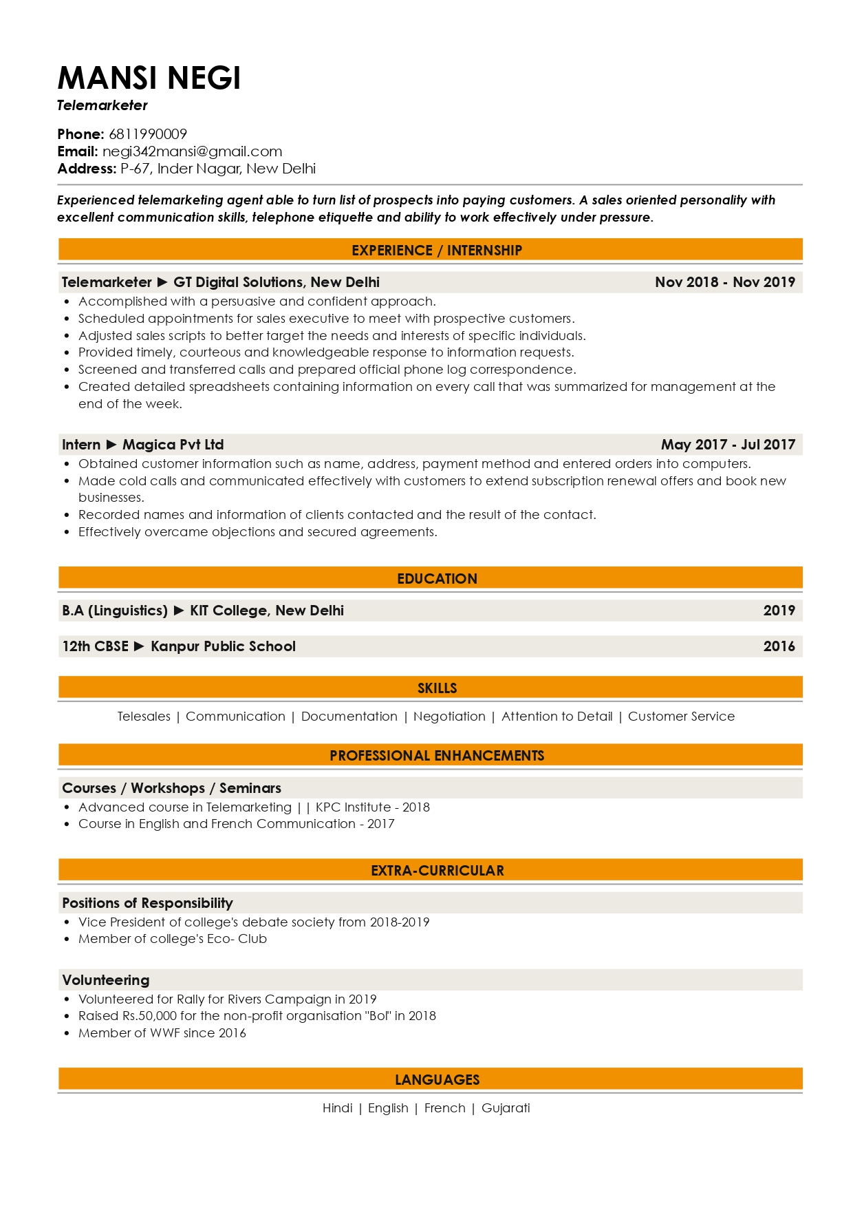 Sample Resume of Telemarketer | Free Resume Templates & Samples on Resumod.co