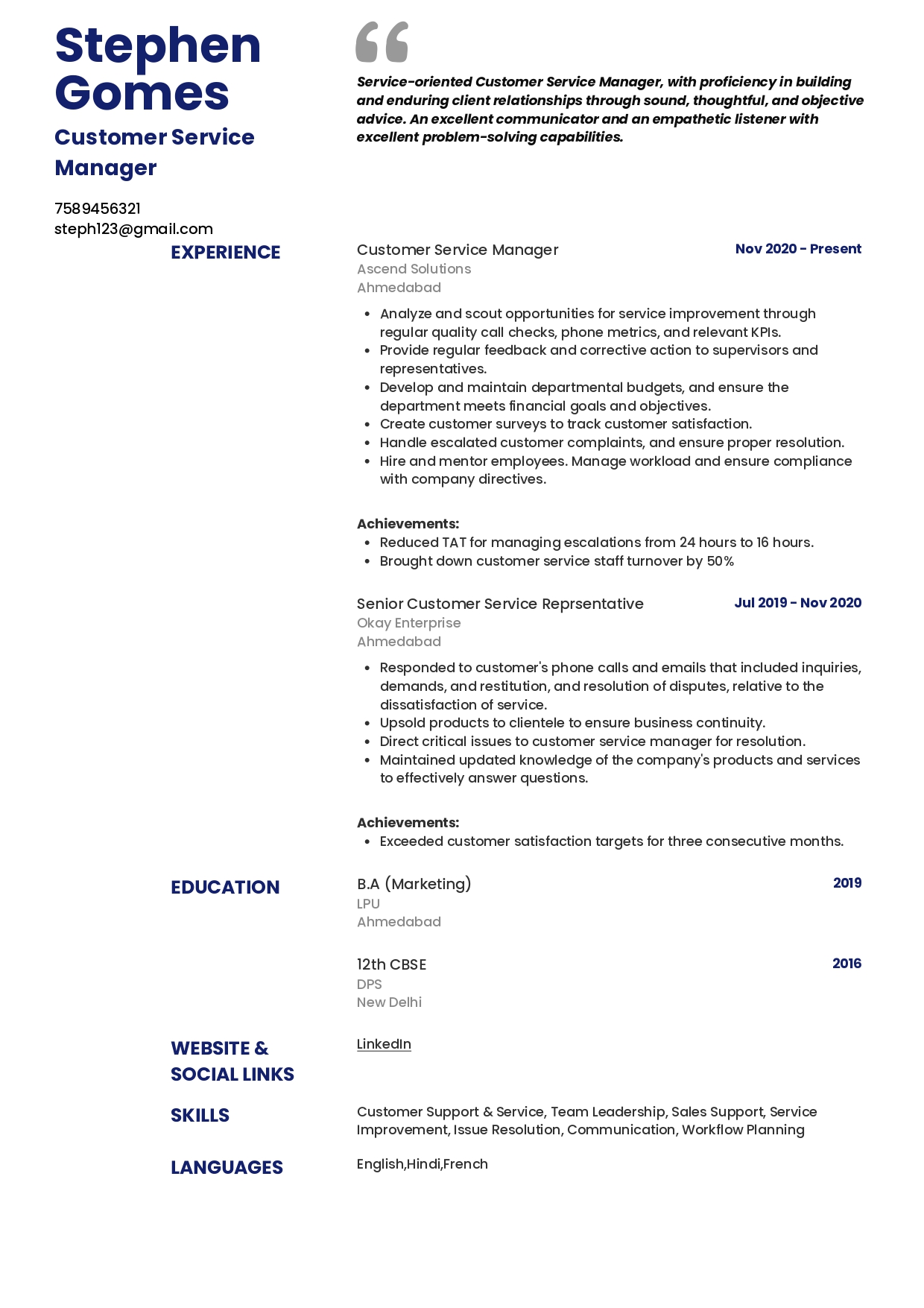 Sample Resume of Customer Service Manager | Free Resume Templates & Samples on Resumod.co