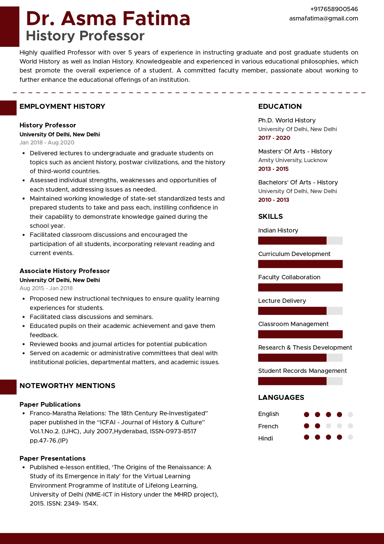 Sample Resume of History Professor | Free Resume Templates & Samples on Resumod.co