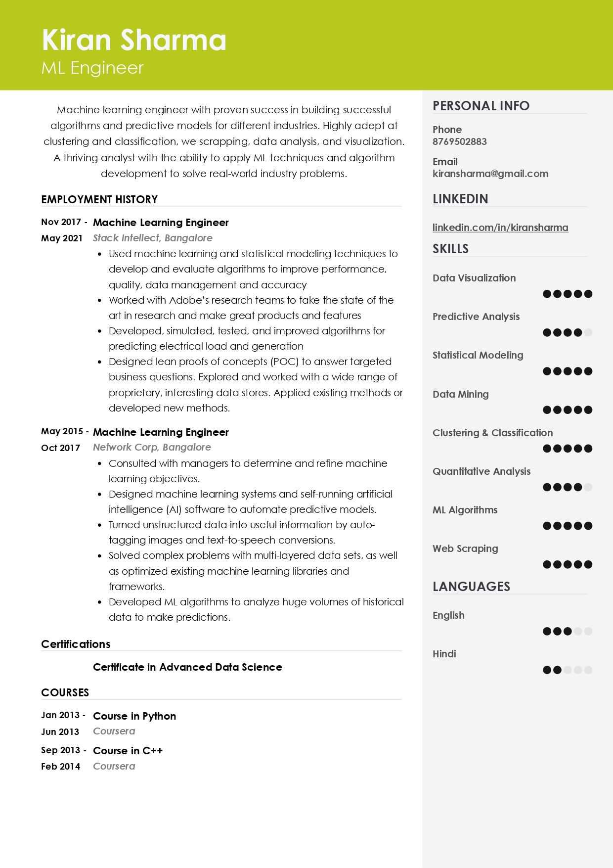 Sample Resume of Machine Learning (ML) Engineer | Free Resume Templates & Samples on Resumod.co