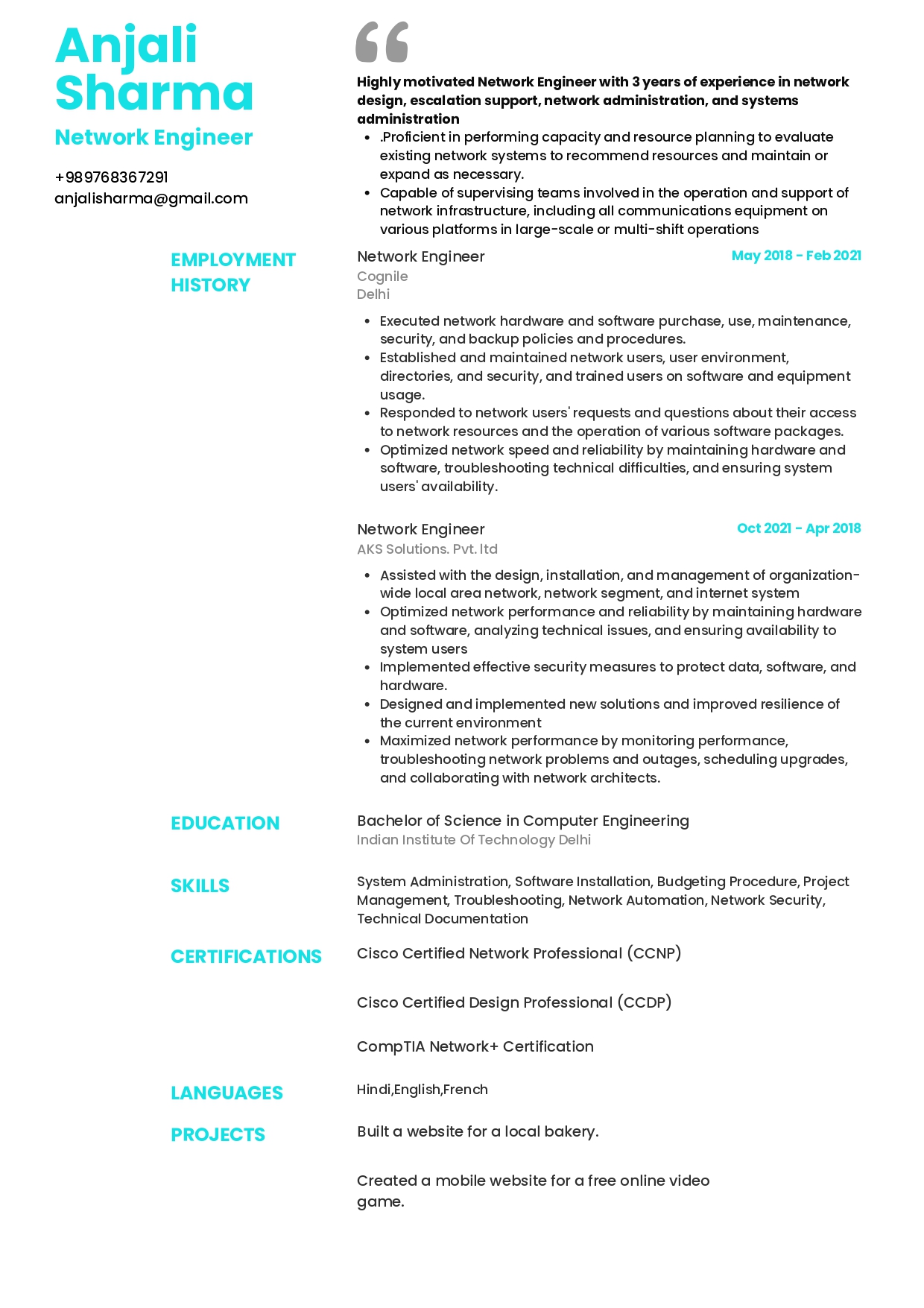 Sample Resume of Network Engineer | Free Resume Templates & Samples on Resumod.co