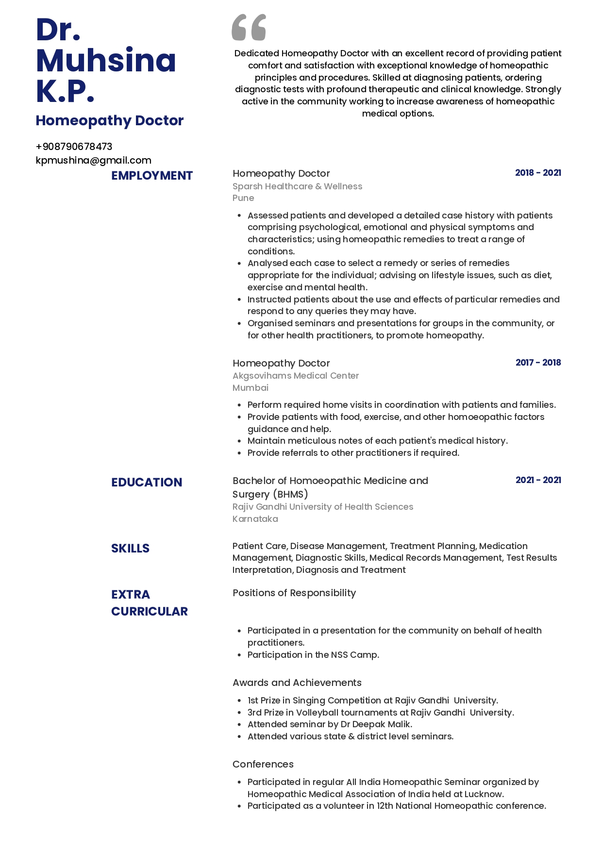 Sample Resume of Homeopathic Doctor | Free Resume Templates & Samples on Resumod.co