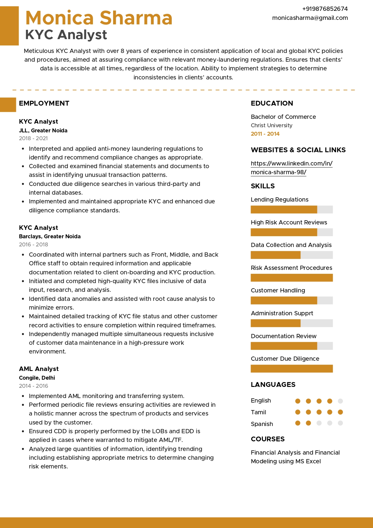 Sample Resume of KYC Analyst | Free Resume Templates & Samples on Resumod.co