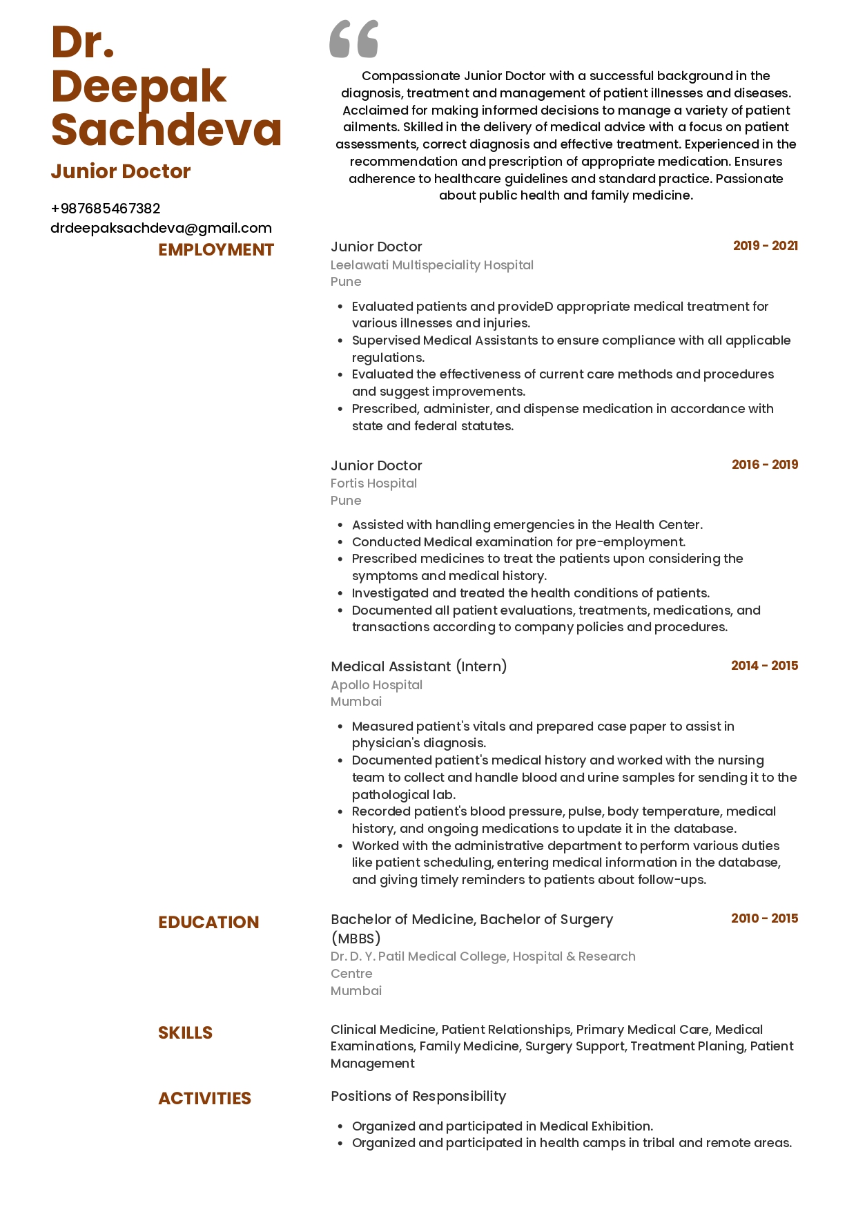 Sample Resume of Junior Doctor | Free Resume Templates & Samples on Resumod.co