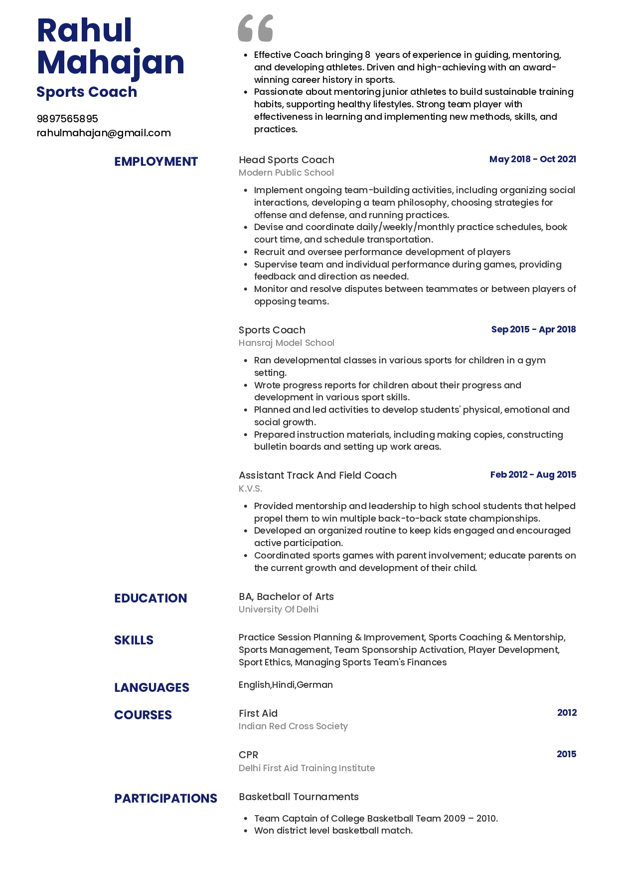 Sample Resume of Sports Coach | Free Resume Templates & Samples on Resumod.co