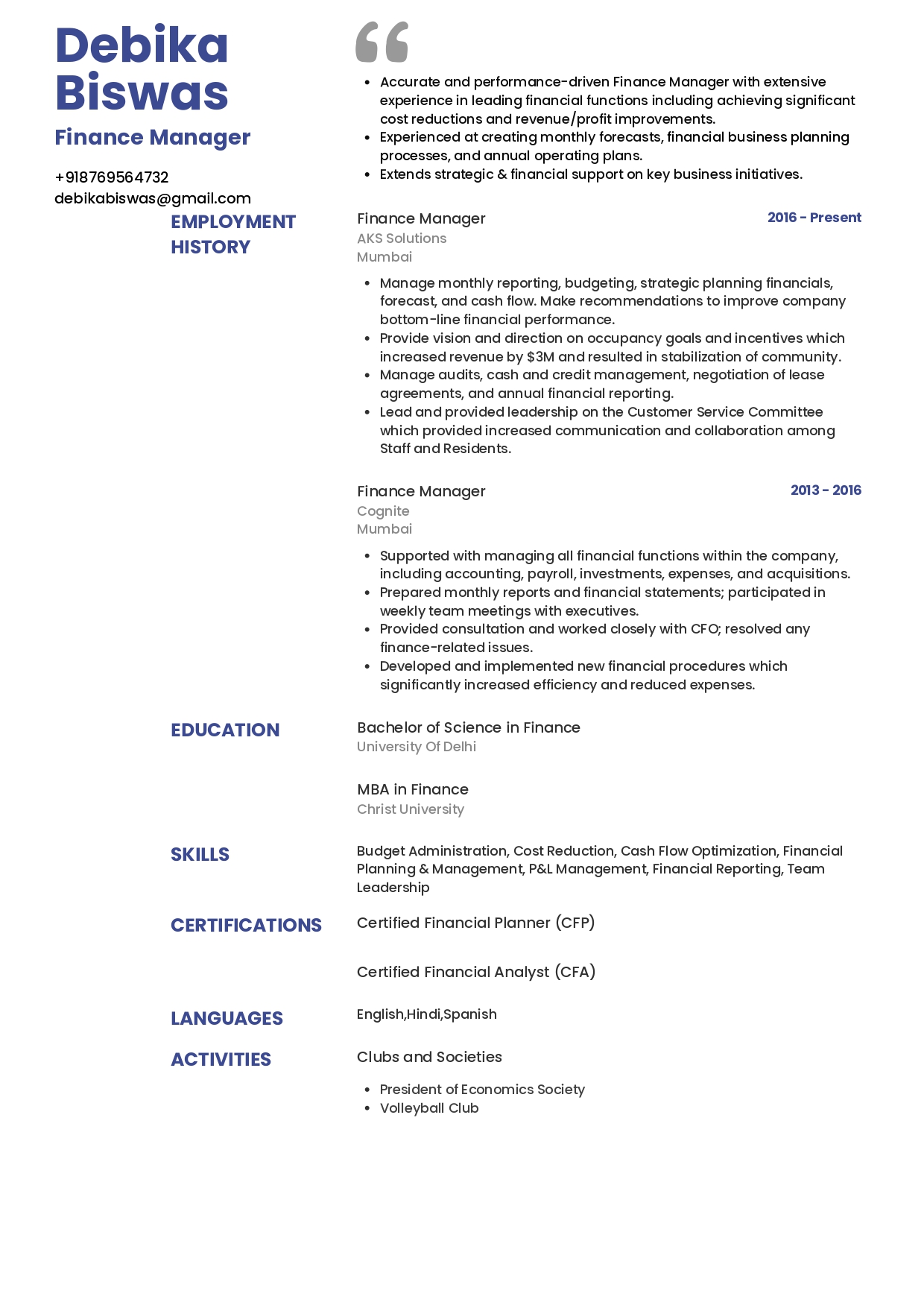 Sample Resume of Finance Manager | Free Resume Templates & Samples on Resumod.co