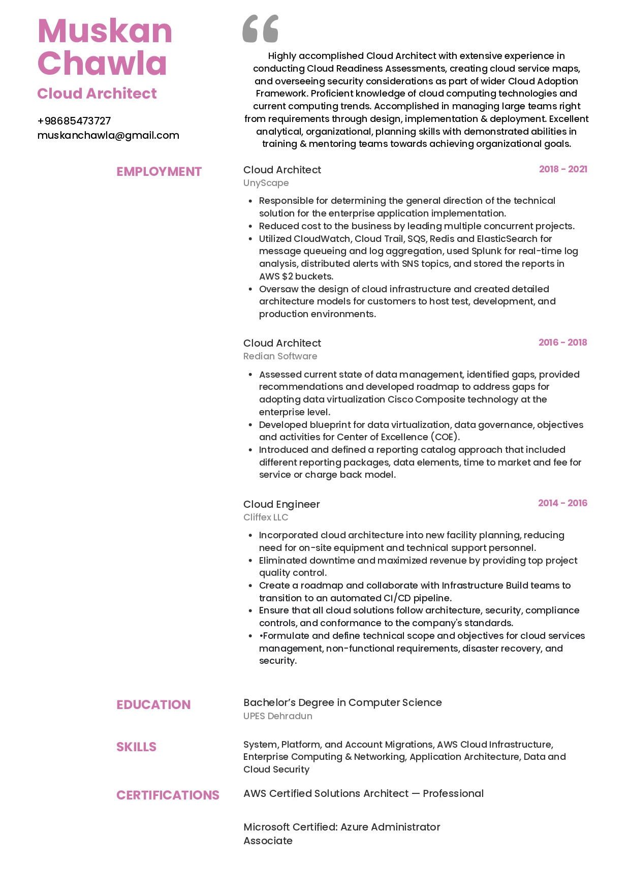 Sample Resume of Cloud Architect | Free Resume Templates & Samples on Resumod.co