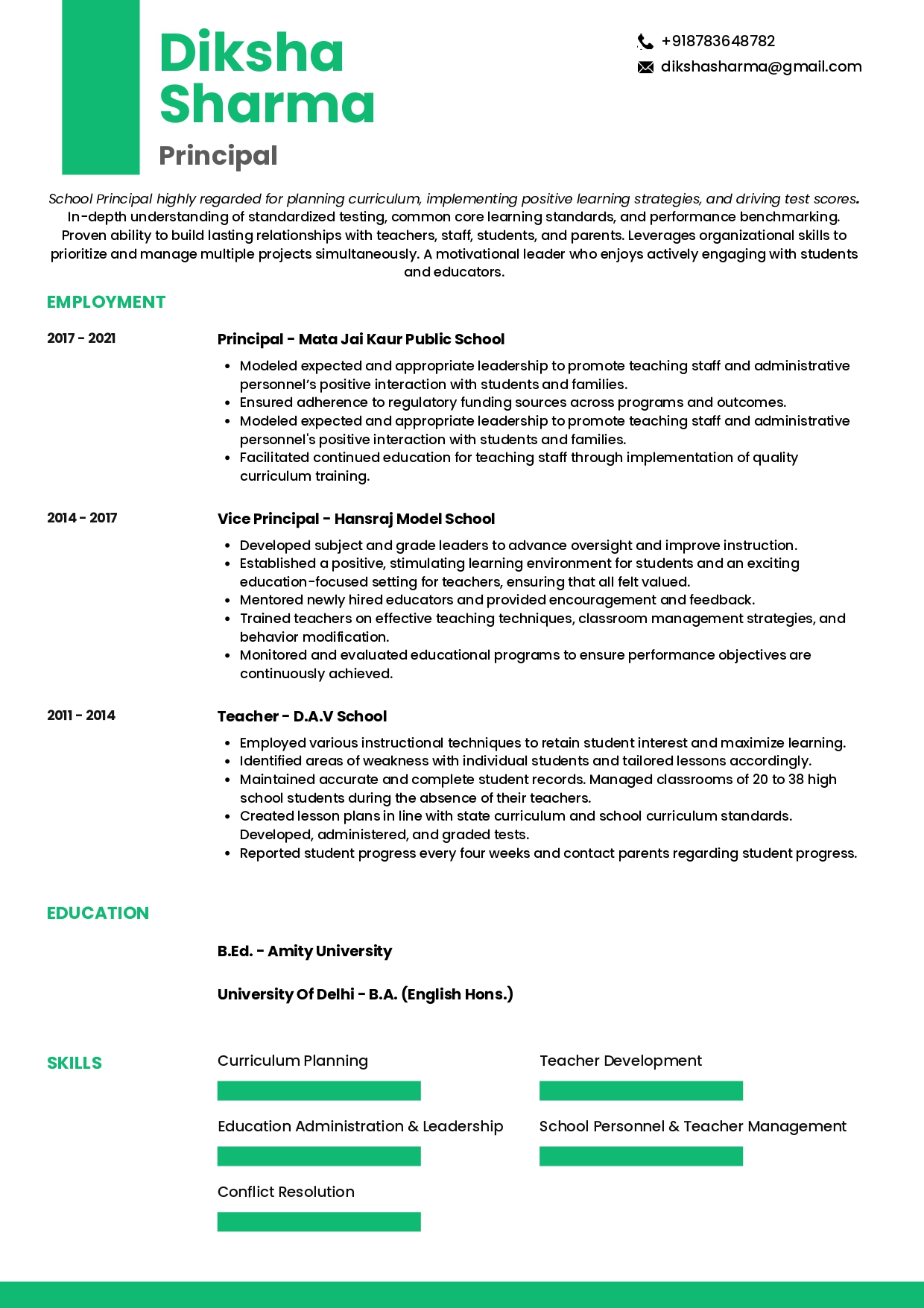 Sample Resume of School Principal | Free Resume Templates & Samples on Resumod.co