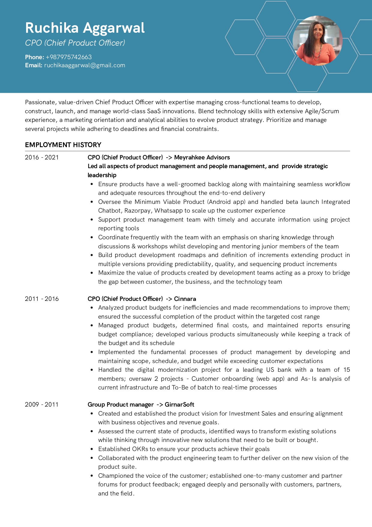 Resume of Chief Product Officer