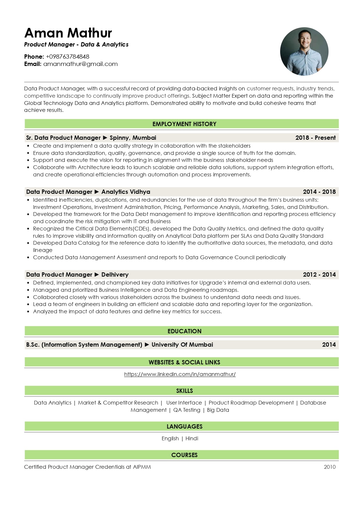 Sample Resume of Data Product Manager | Free Resume Templates & Samples on Resumod.co