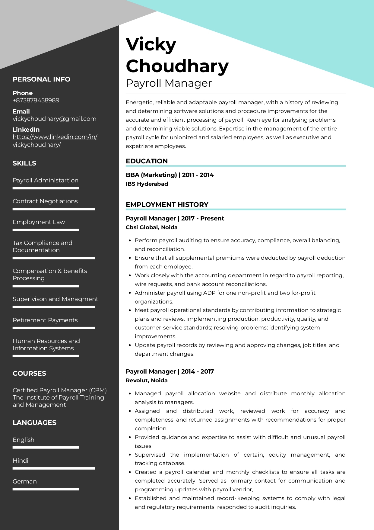 Resume of Payroll Manager