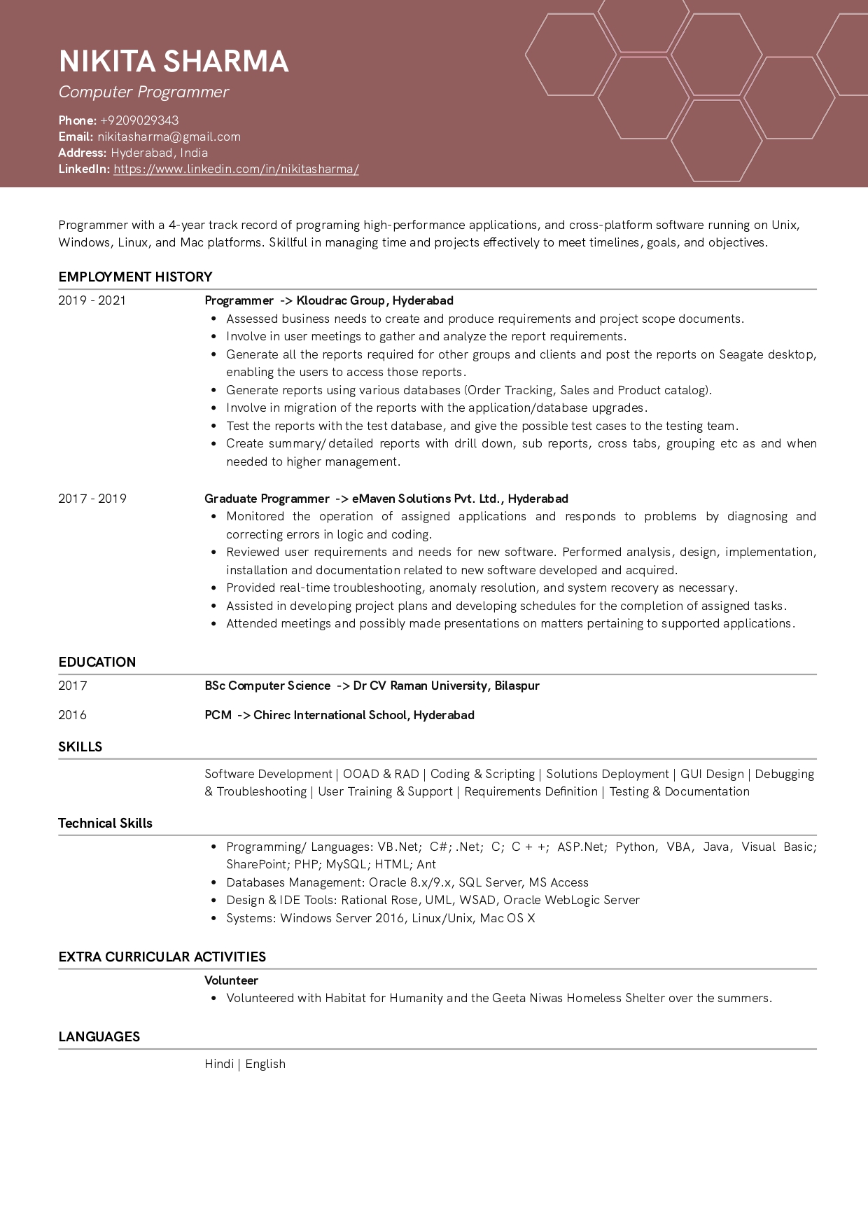 Resume of Computer Programmer