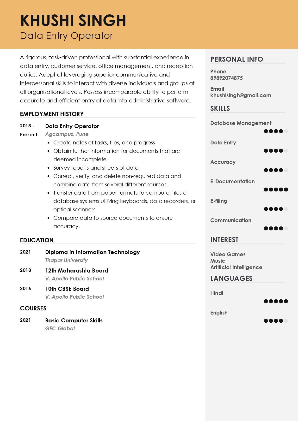 Sample Resume of Data Entry Operator | Free Resume Templates & Samples on Resumod.co