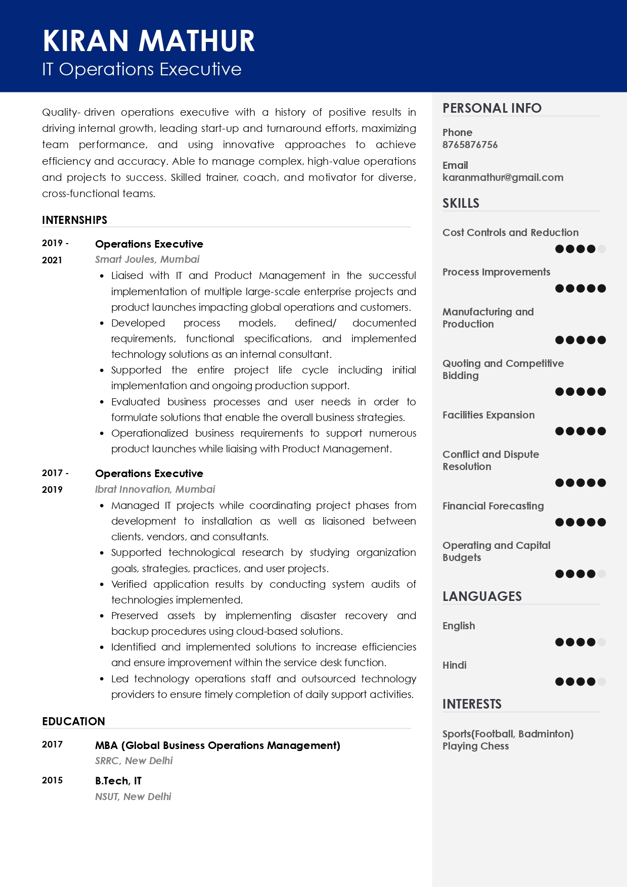 Sample Resume of IT Operations Executive | Free Resume Templates & Samples on Resumod.co