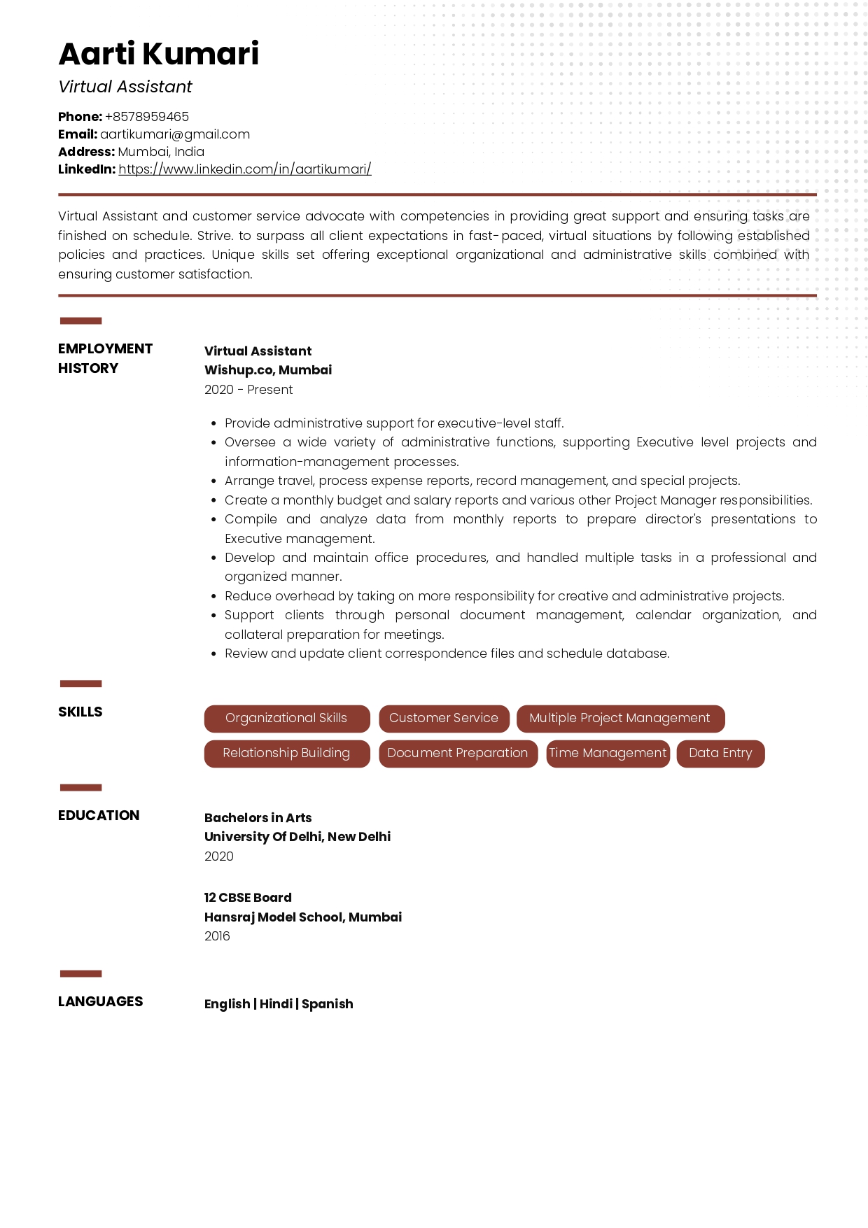 Resume of Virtual Assistant