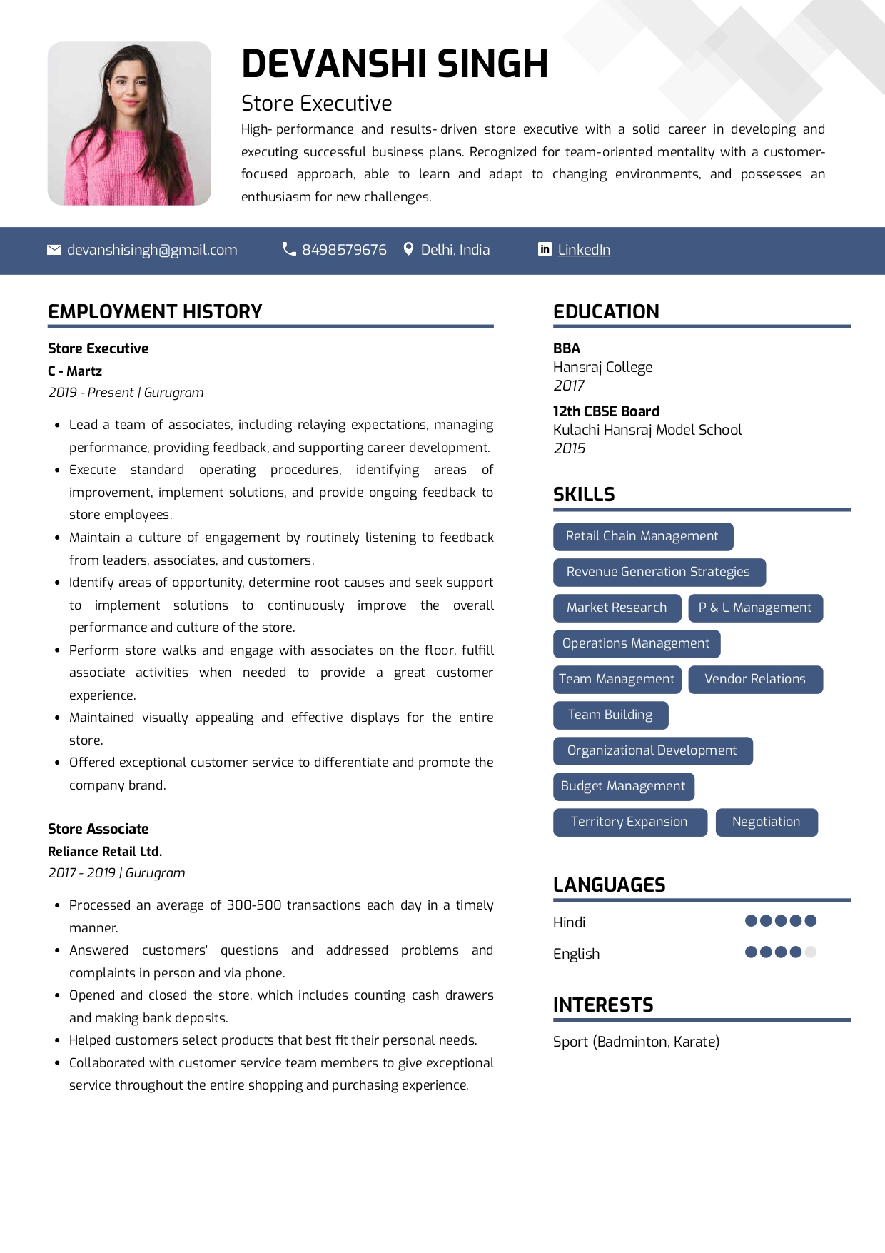 Resume of Store Executive