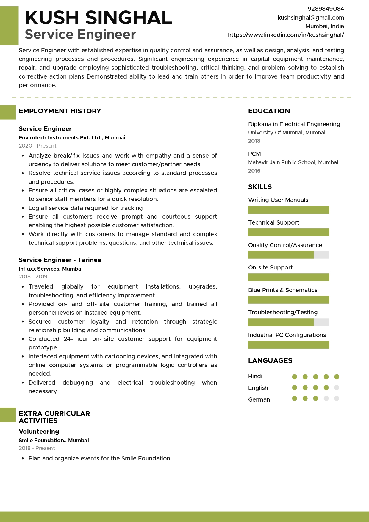 Sample Resume of Service Engineer | Free Resume Templates & Samples on Resumod.co