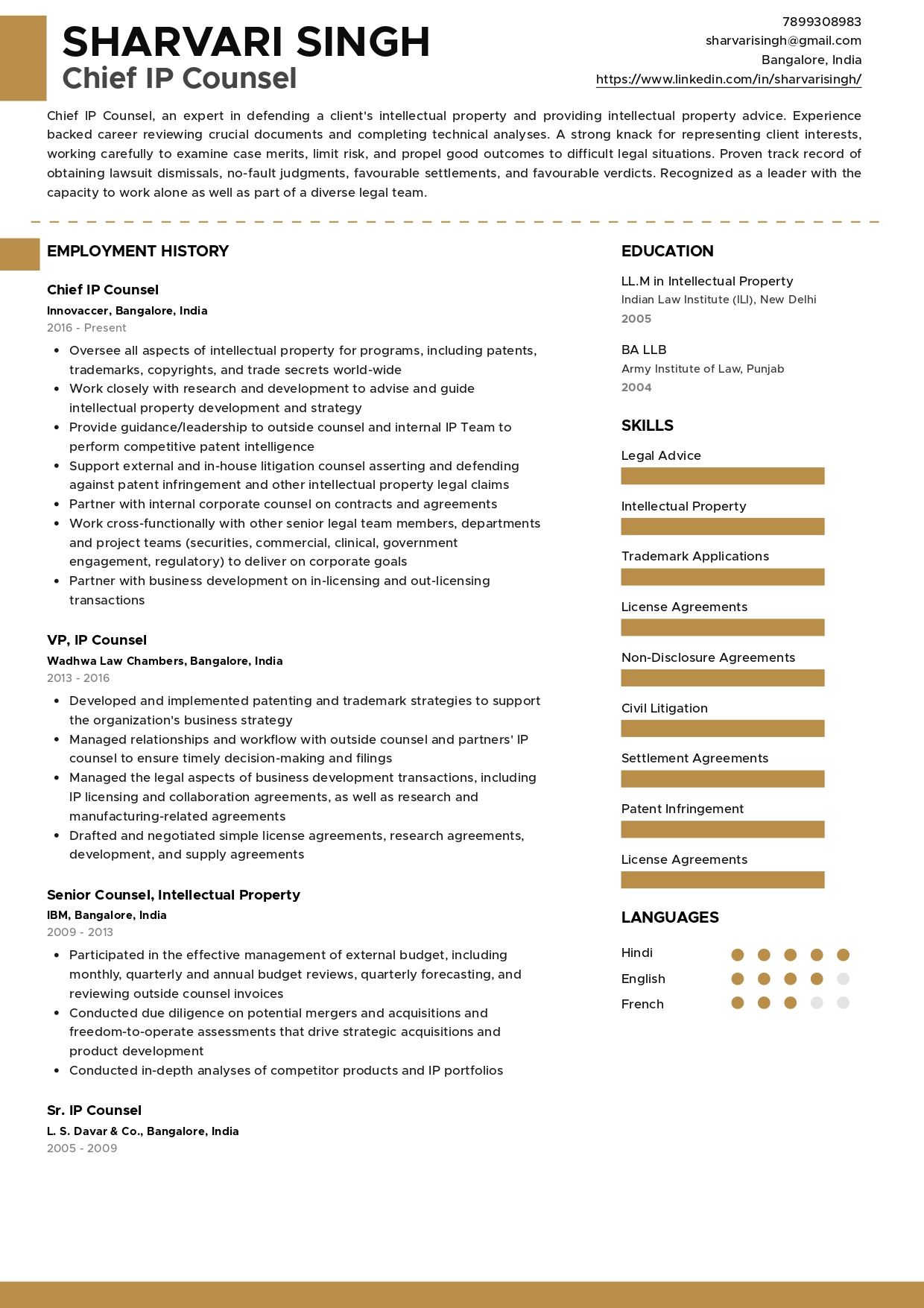 Sample Resume of Chief IP Counsel | Free Resume Templates & Samples on Resumod.co