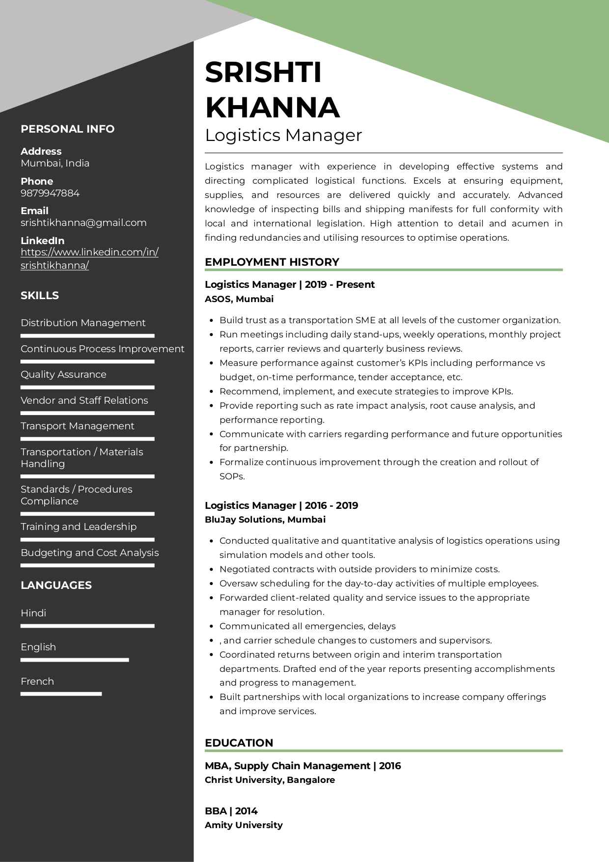 Resume of Logistics Manager