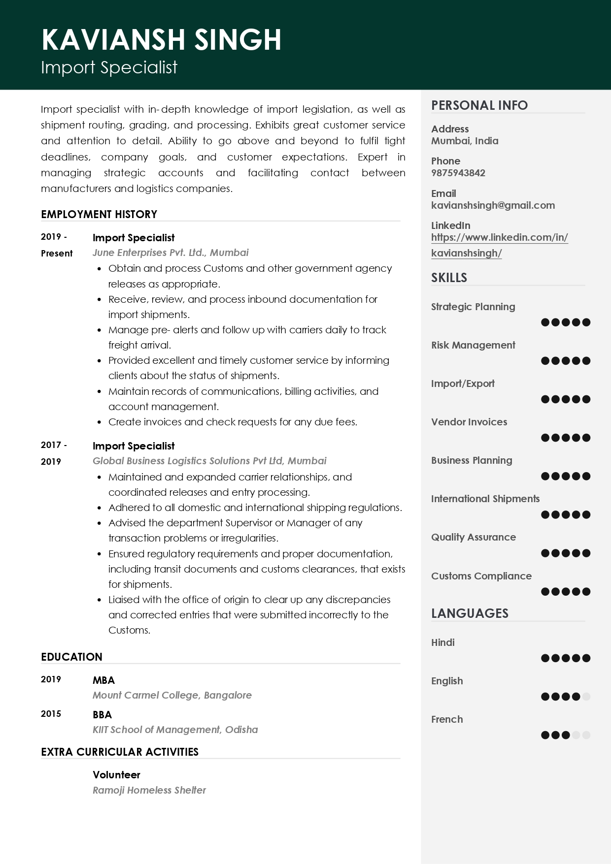 Sample Resume of Import Specialist | Free Resume Templates & Samples on Resumod.co