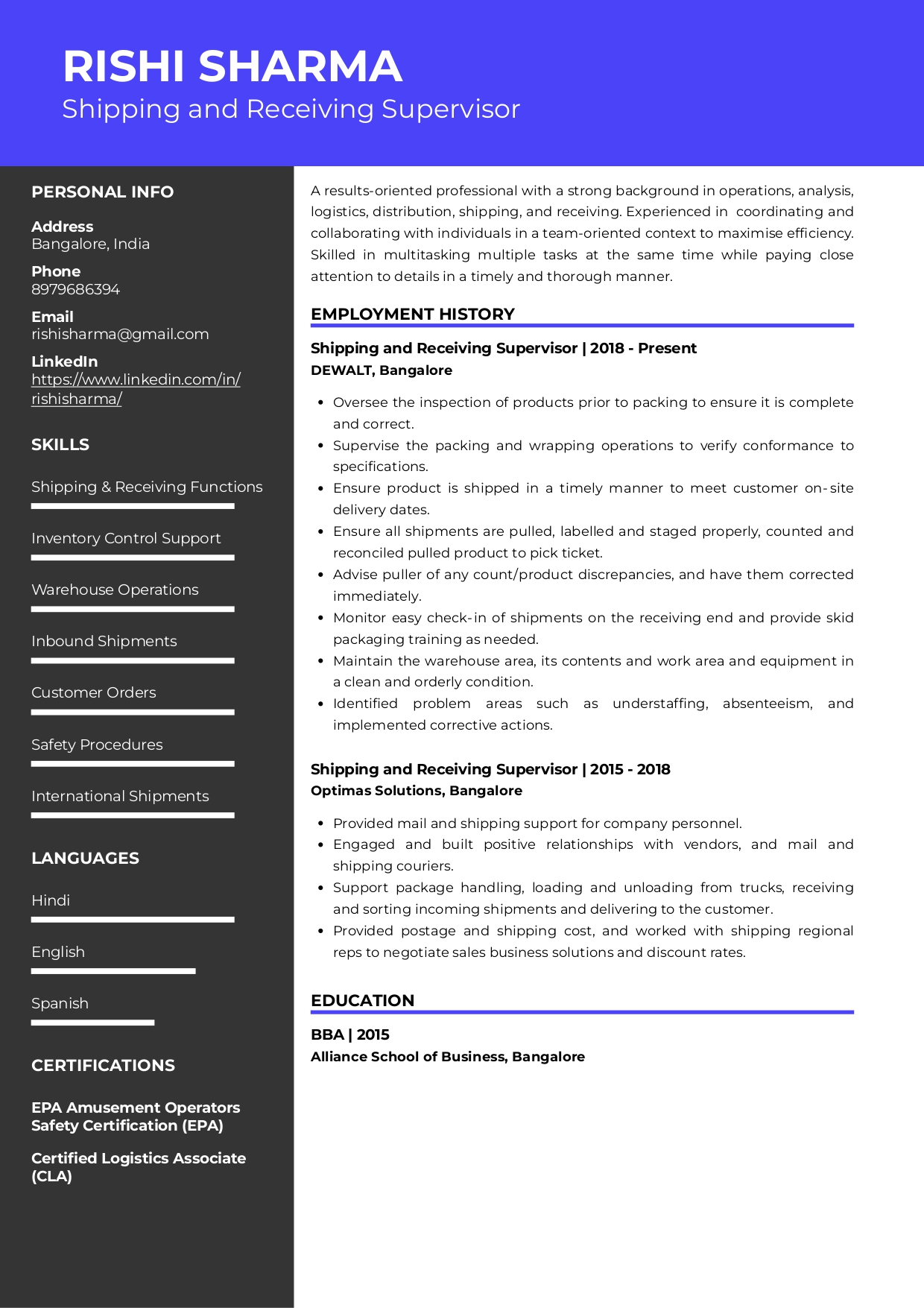 Sample Resume Of Shipping and Receiving Supervisor | Free Resume Templates & Samples on Resumod.co