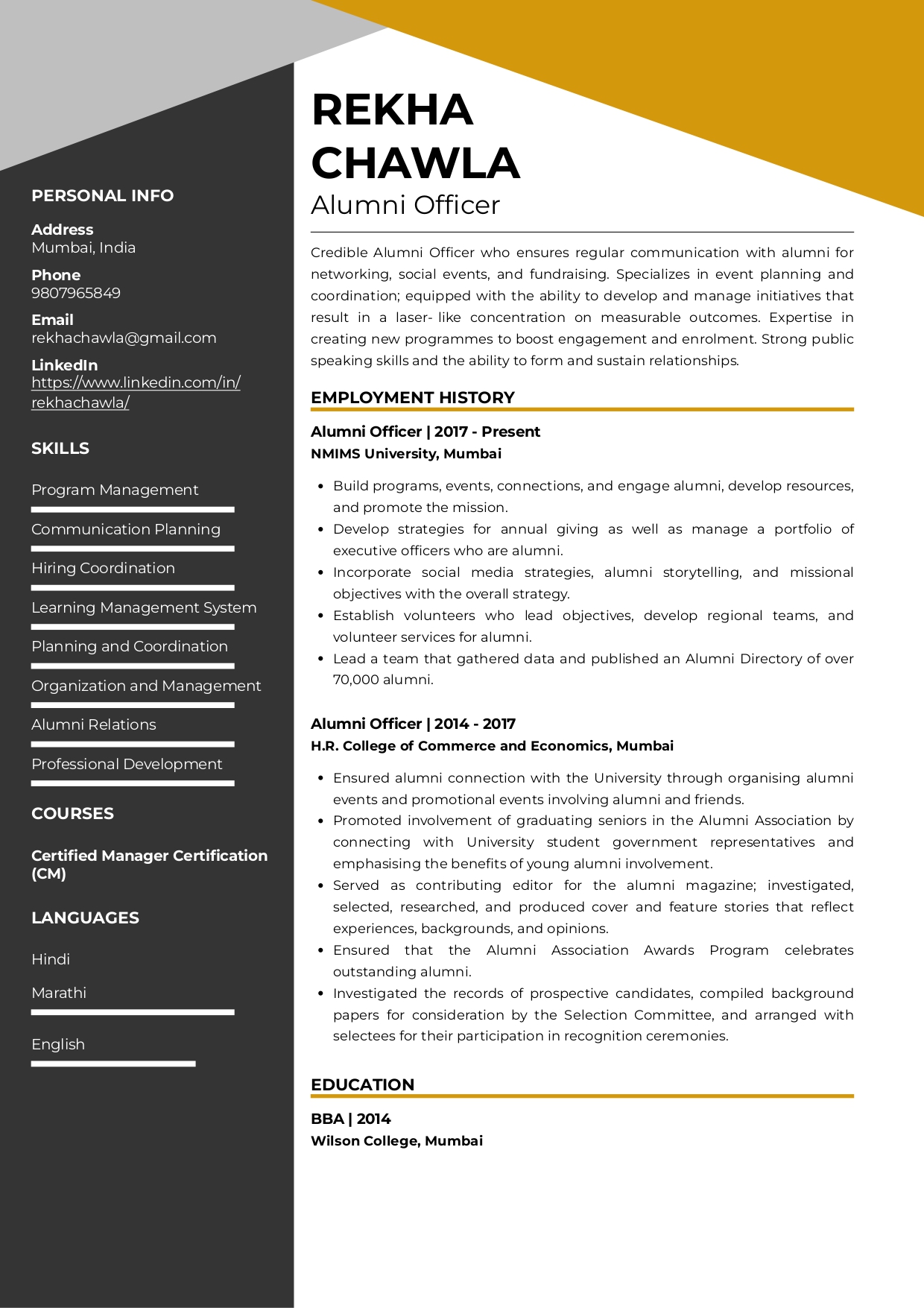 Resume Of Alumni Officer