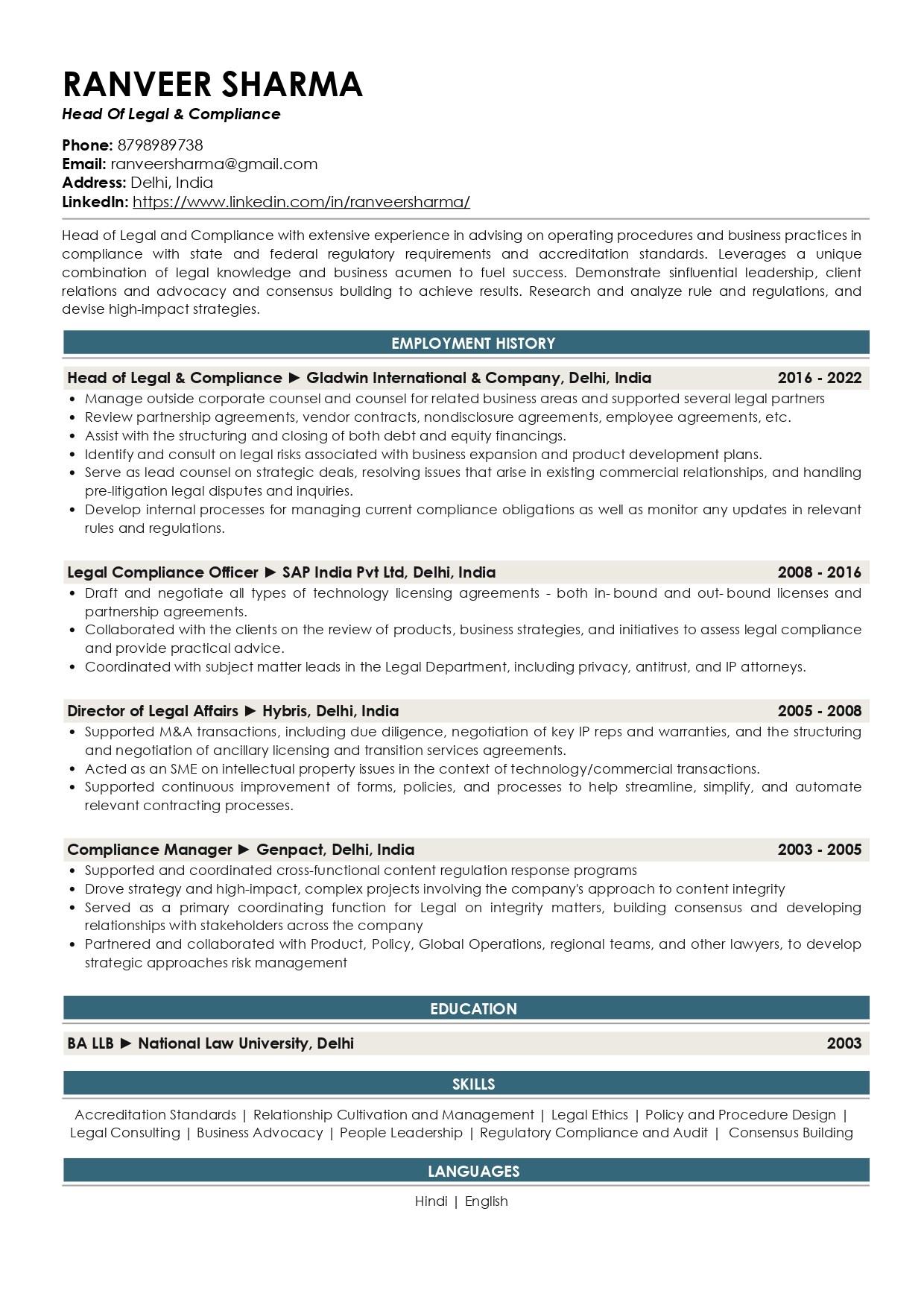 Resume Of Head of Legal Compliance