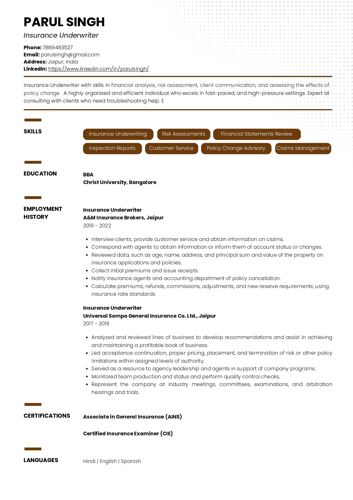 Sample Resume Of Insurance Underwriter | Free Resume Templates & Samples on Resumod.co