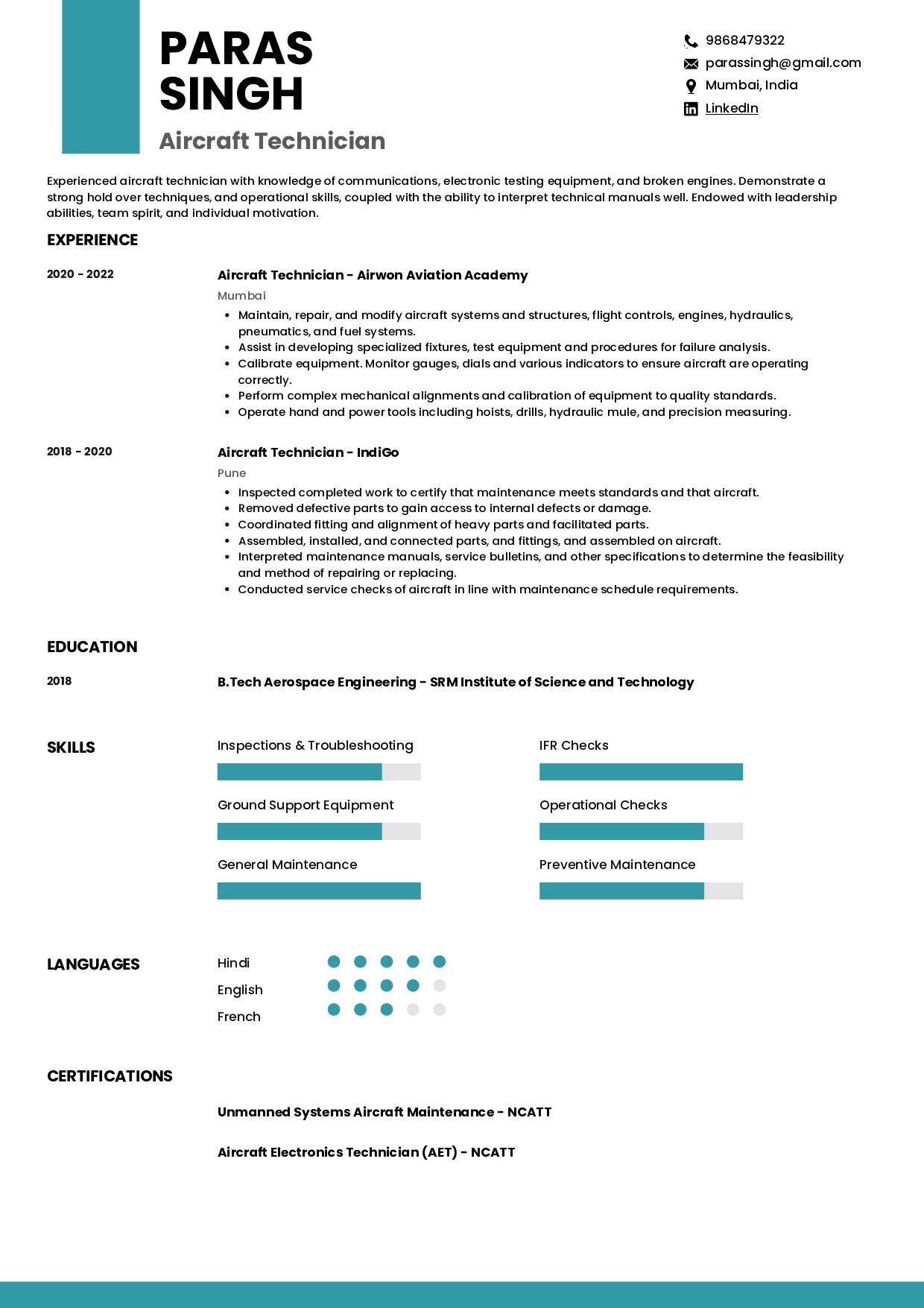 Sample Resume of Aircraft Technician | Free Resume Templates & Samples on Resumod.co