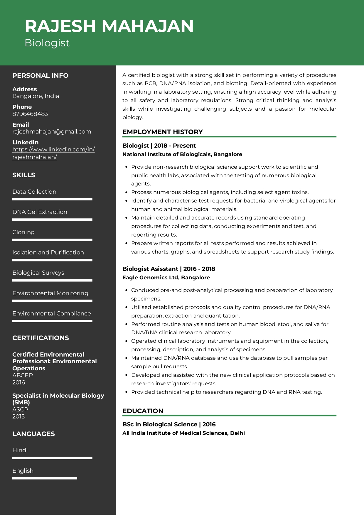 Sample Resume of Biologist | Free Resume Templates & Samples on Resumod.co