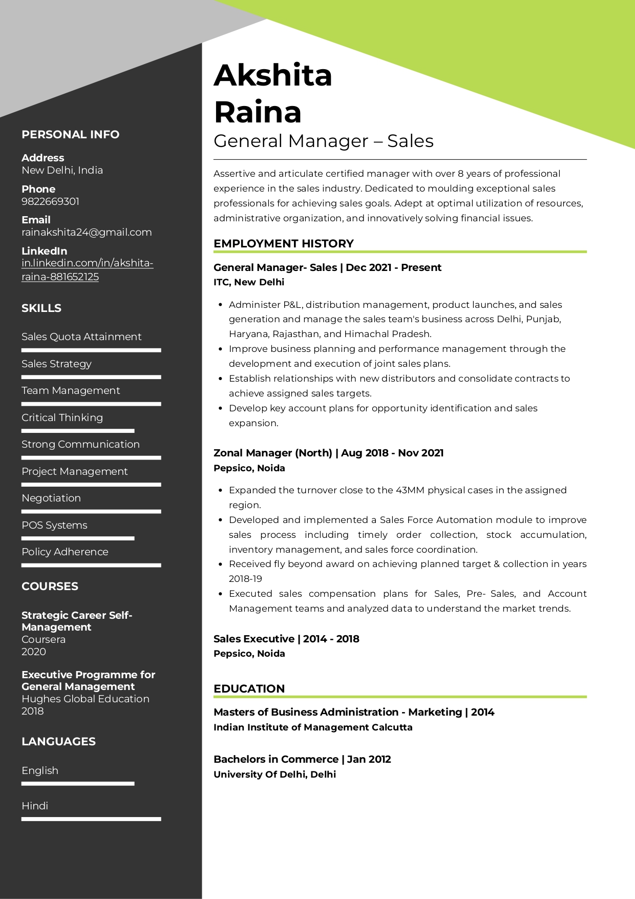 Sample General Manager - Sales | Free Resume Templates & Samples on Resumod.co