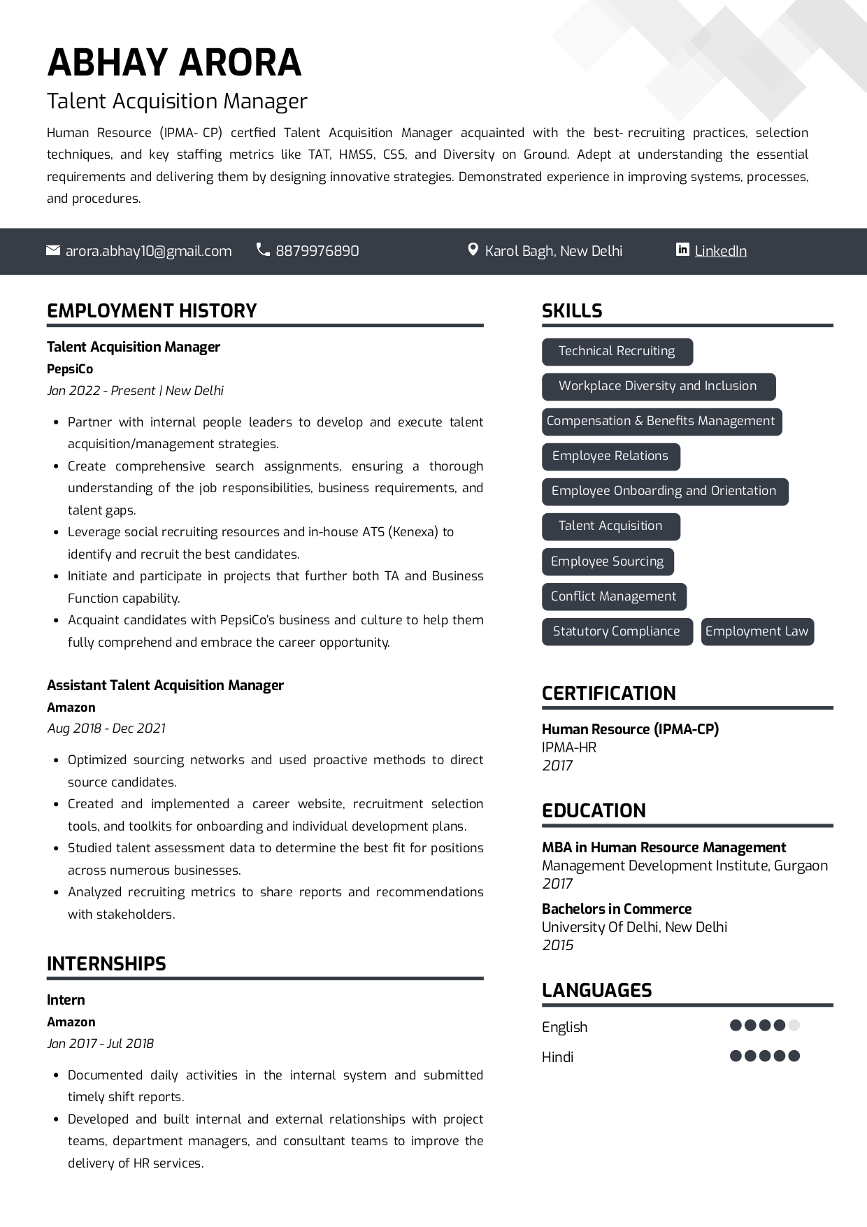 Sample Talent Acquisition Manager | Free Resume Templates & Samples on Resumod.co