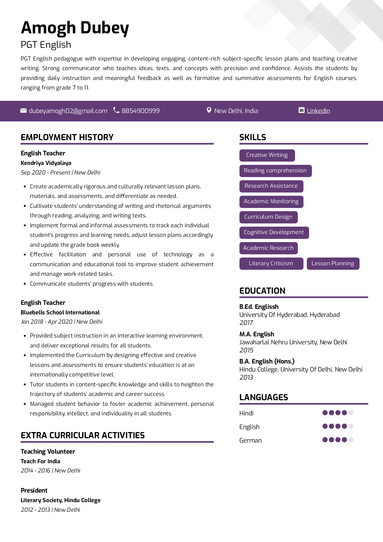 Sample Resume of PGT English | Free Resume Templates & Samples on Resumod.co