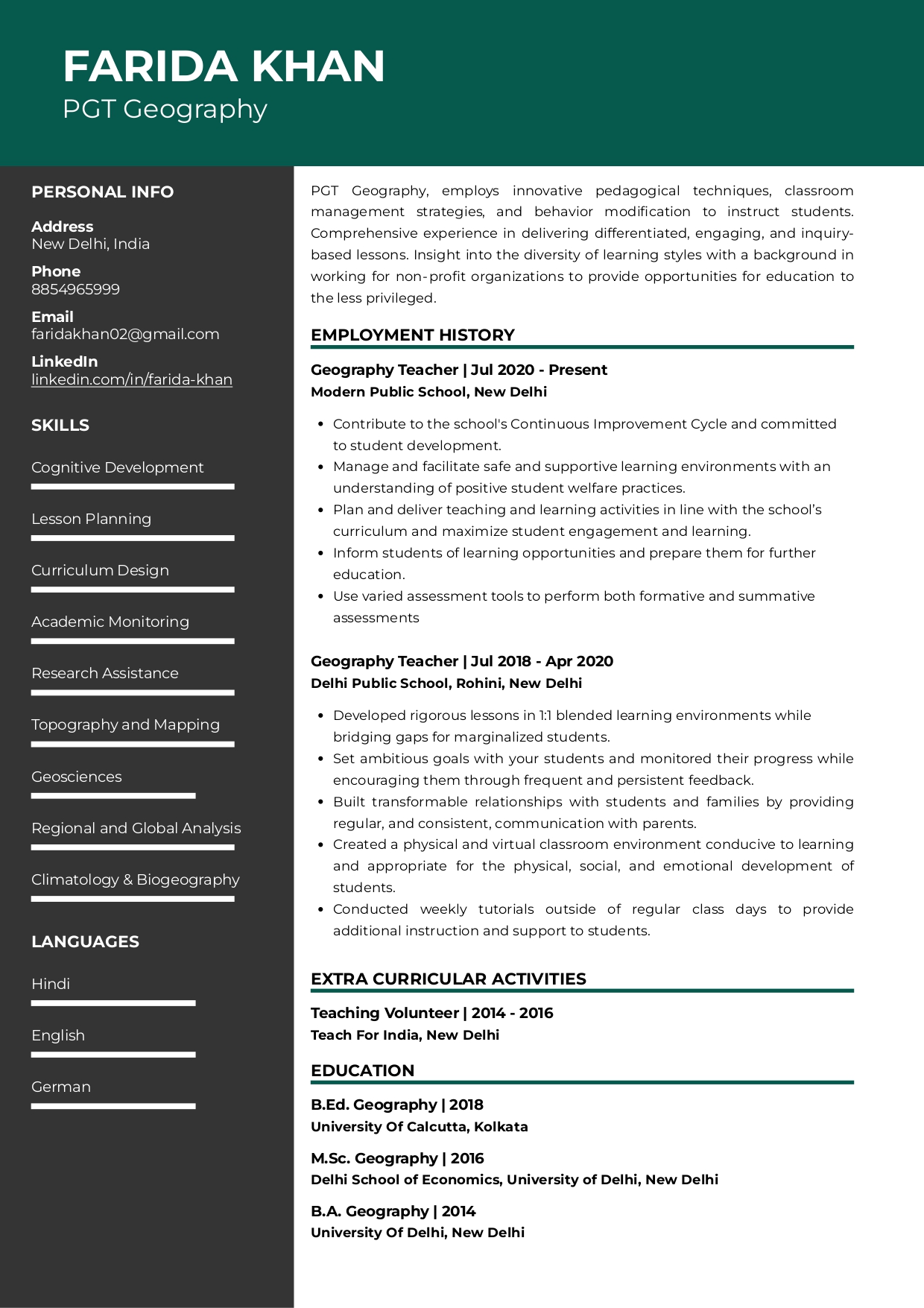 Sample Resume of PGT Geography | Free Resume Templates & Samples on Resumod.co