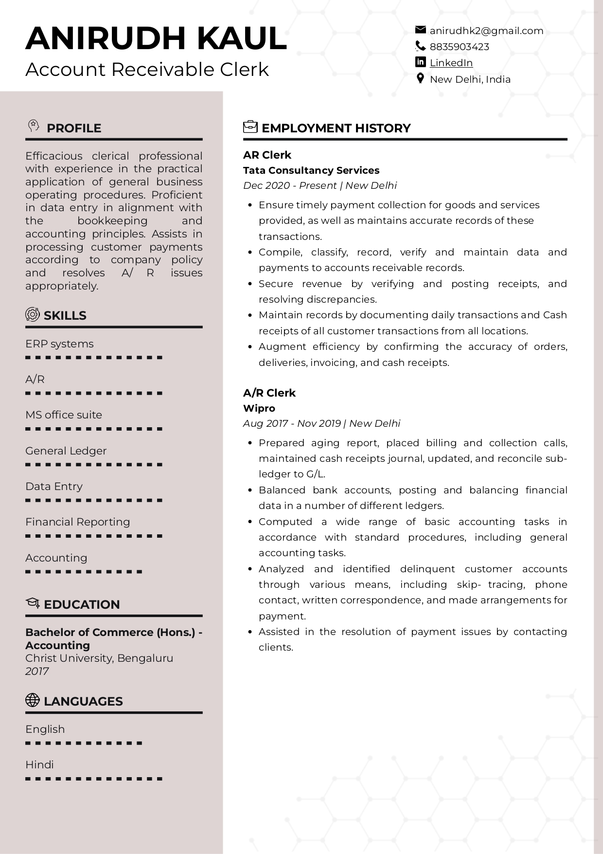 Sample Resume of A/R (Accounts Receivable) Clerk | Free Resume Templates & Samples on Resumod.co