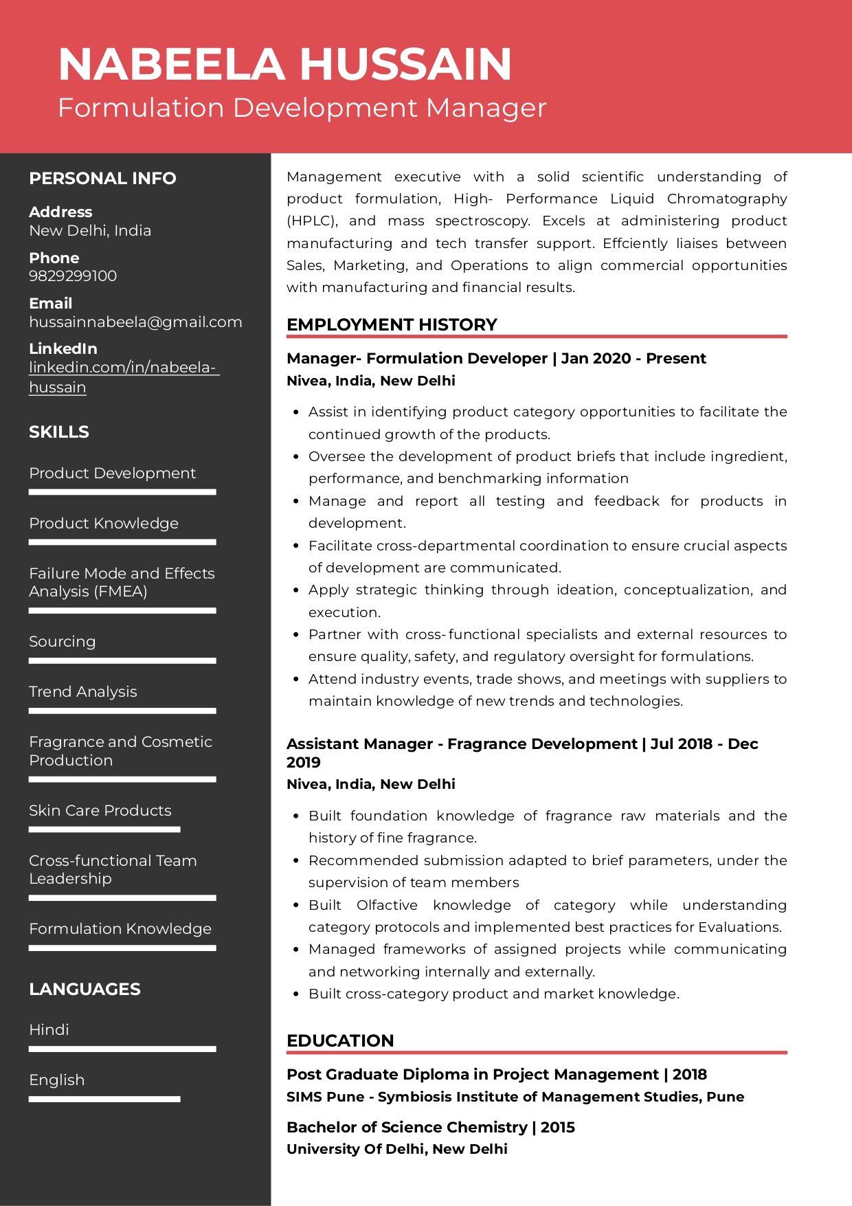 Resume of Formulation Development Manager