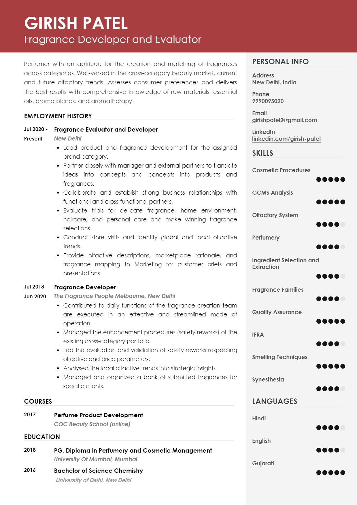Sample Resume of Fragrance Developer | Free Resume Templates & Samples on Resumod.co
