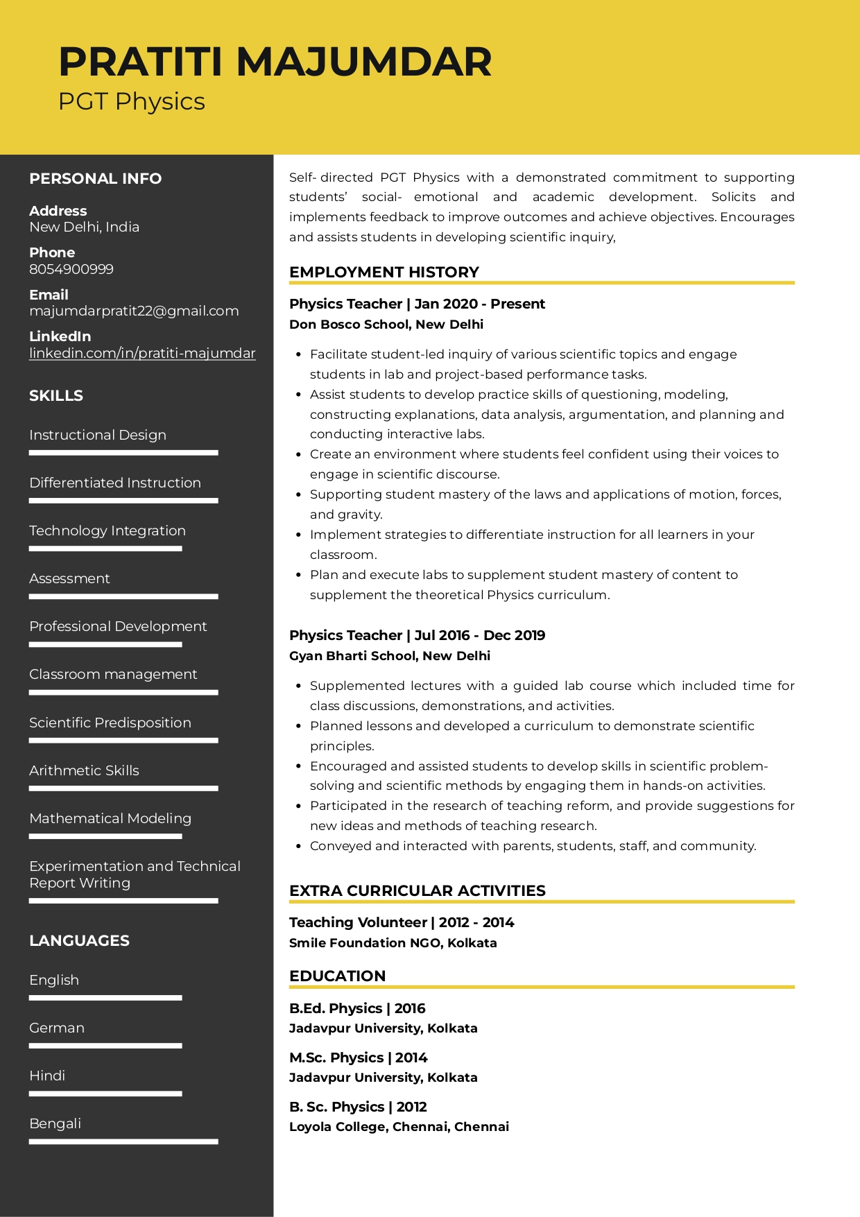 Sample Resume of PGT Physics Teacher | Free Resume Templates & Samples on Resumod.co