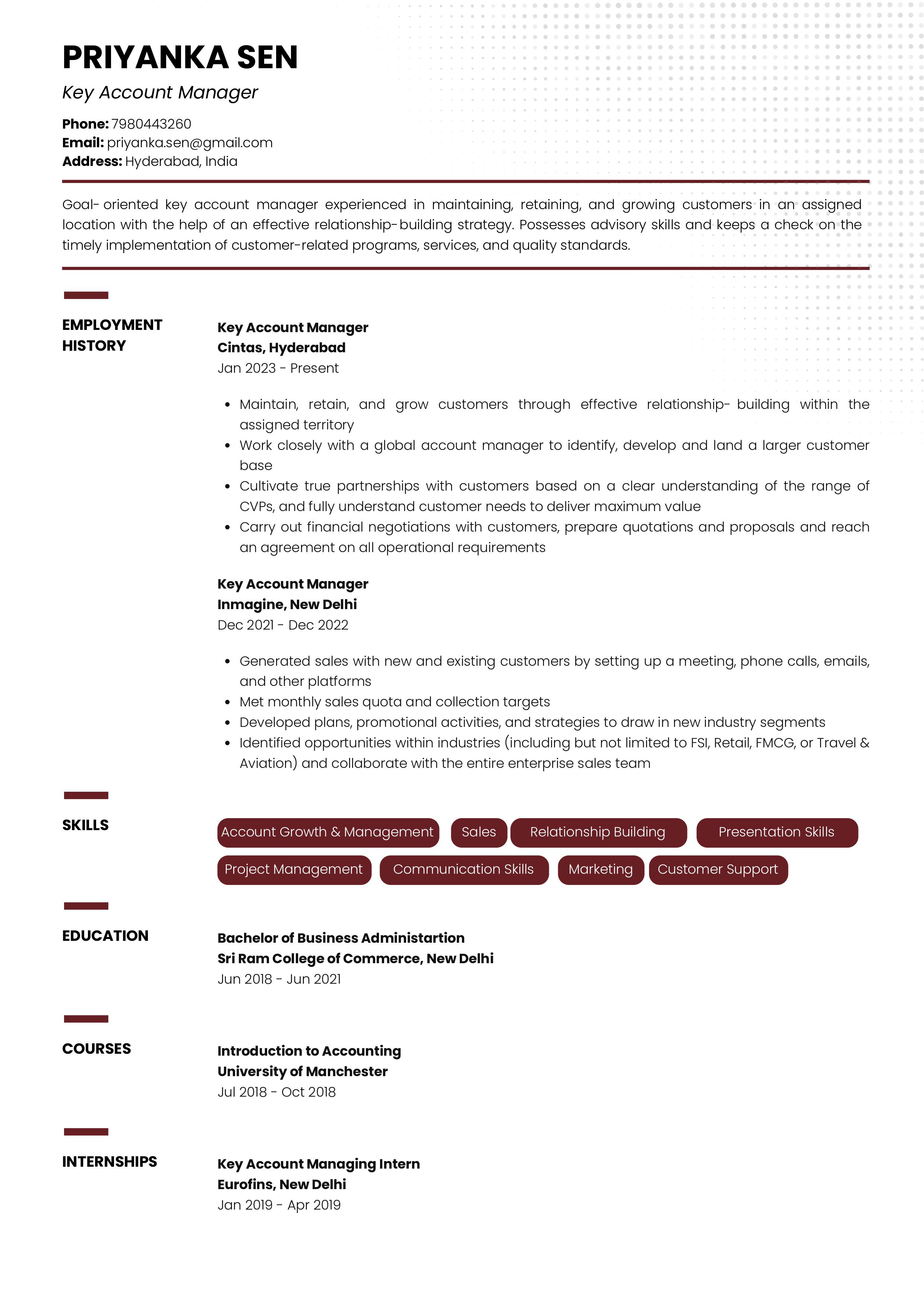 Resume of Key Account Manager