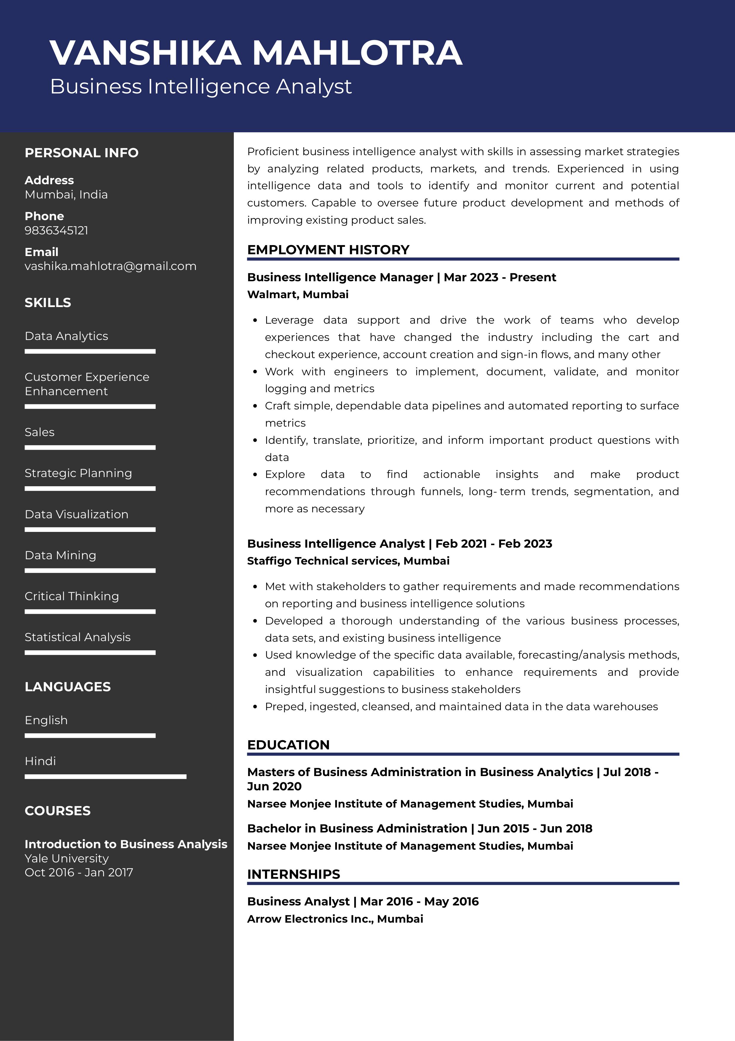 Sample Resume of Business Intelligence Analyst | Free Resume Templates & Samples on Resumod.co